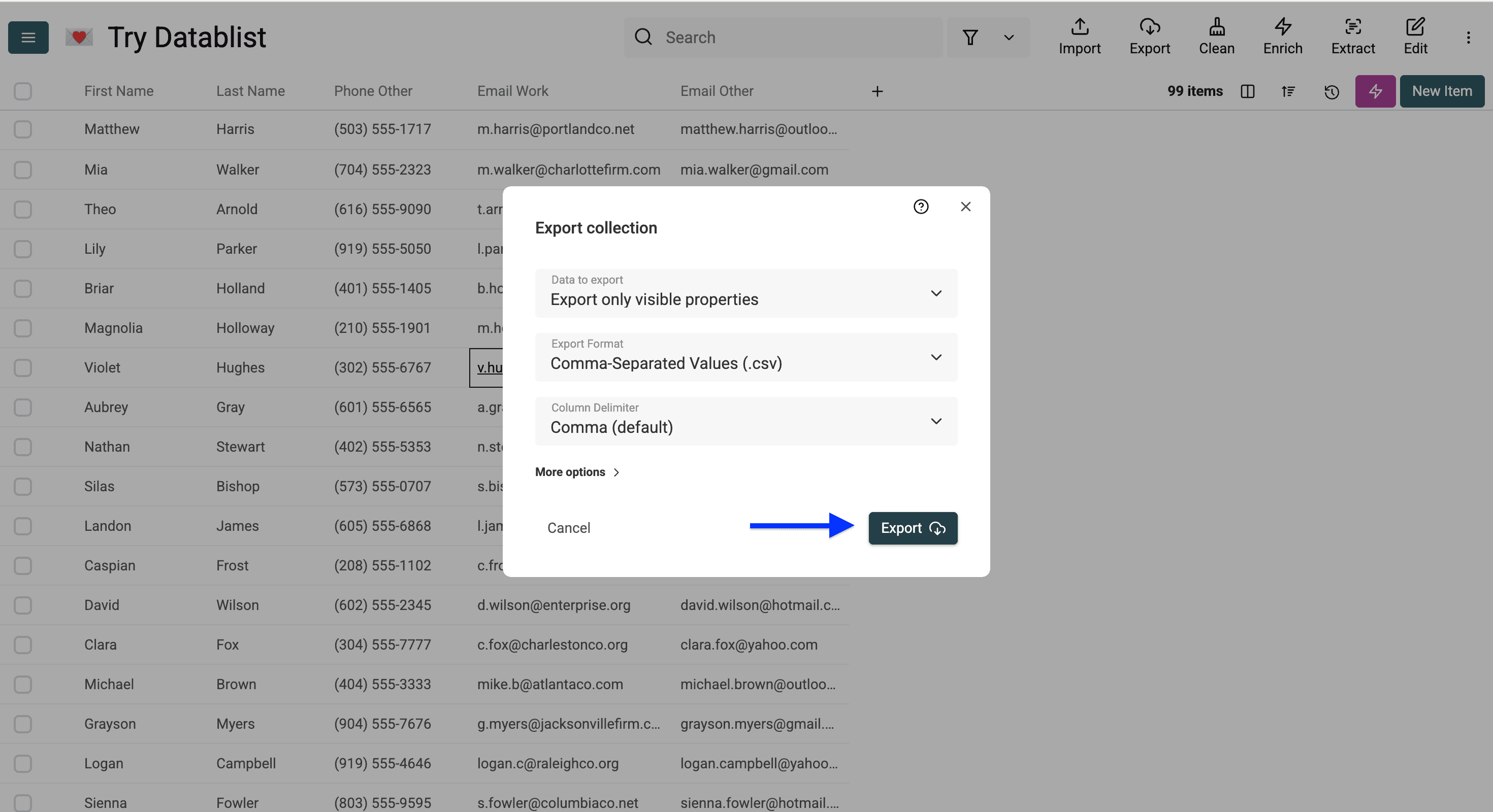 The last click to export your contacts from Datablist