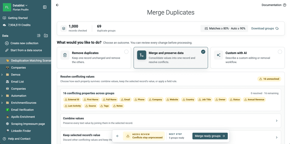Metaphone results with 1,000 records checked and 69 groups