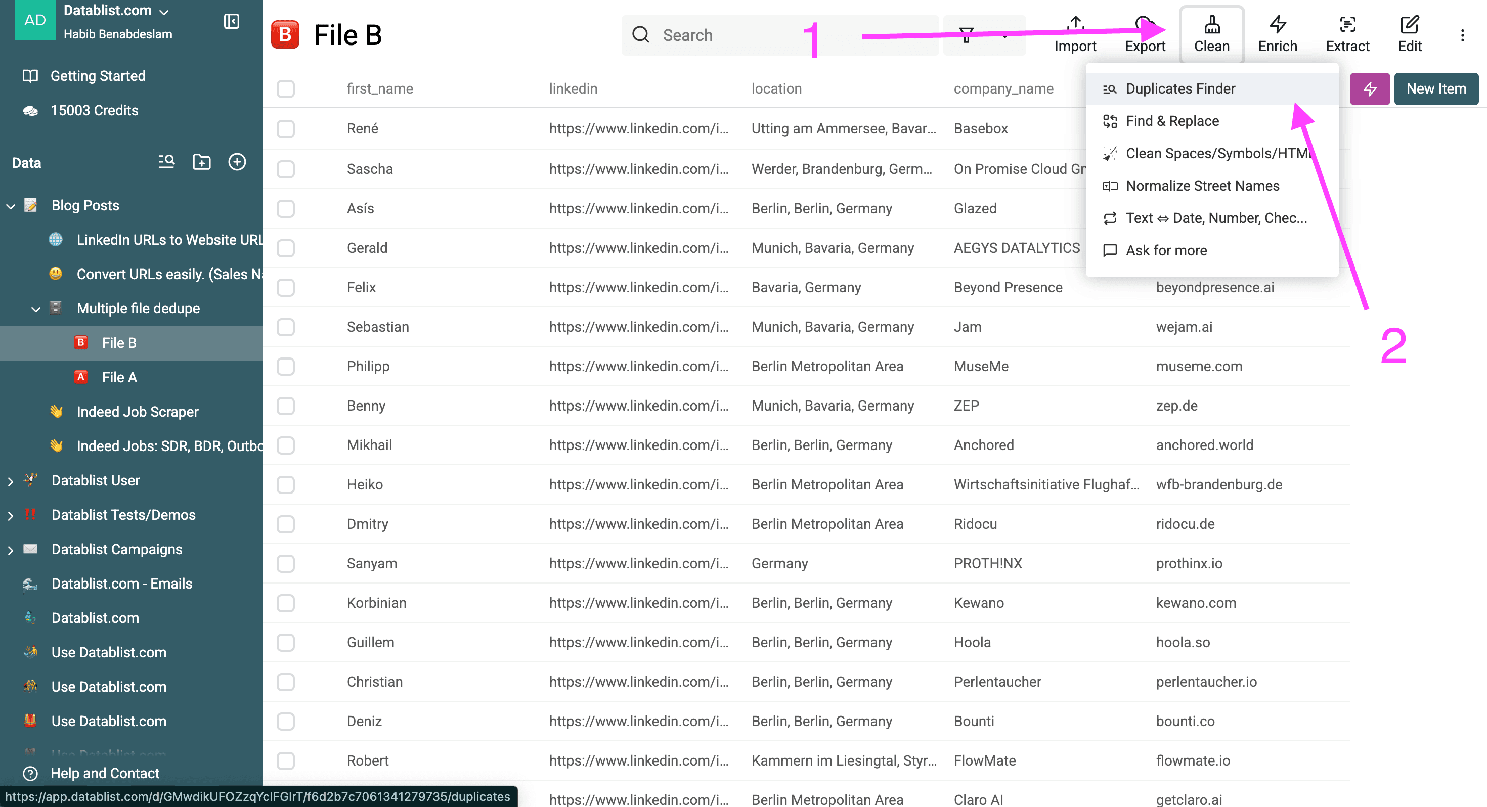 Selecting the “Deduplicates Finder” in Datablist