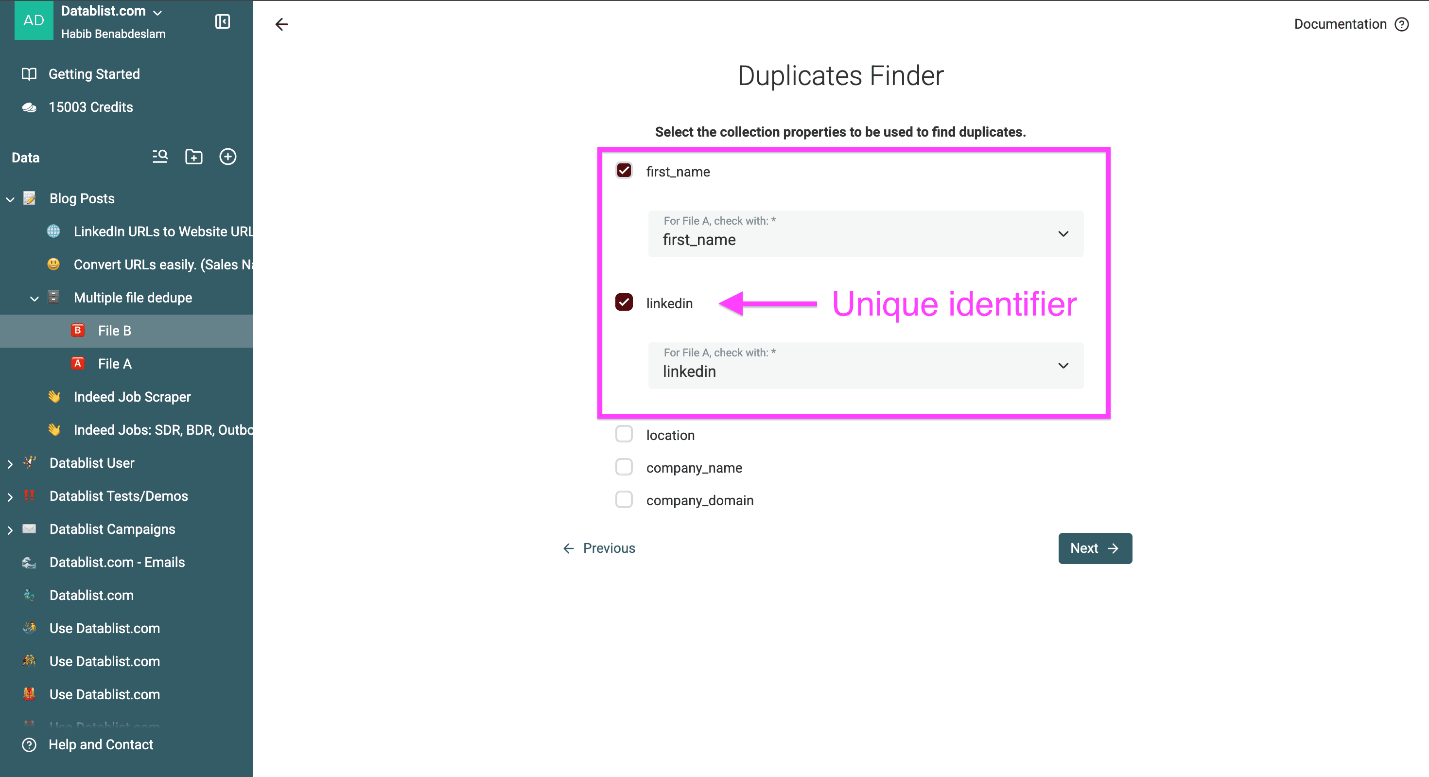 Property selection for deduplication