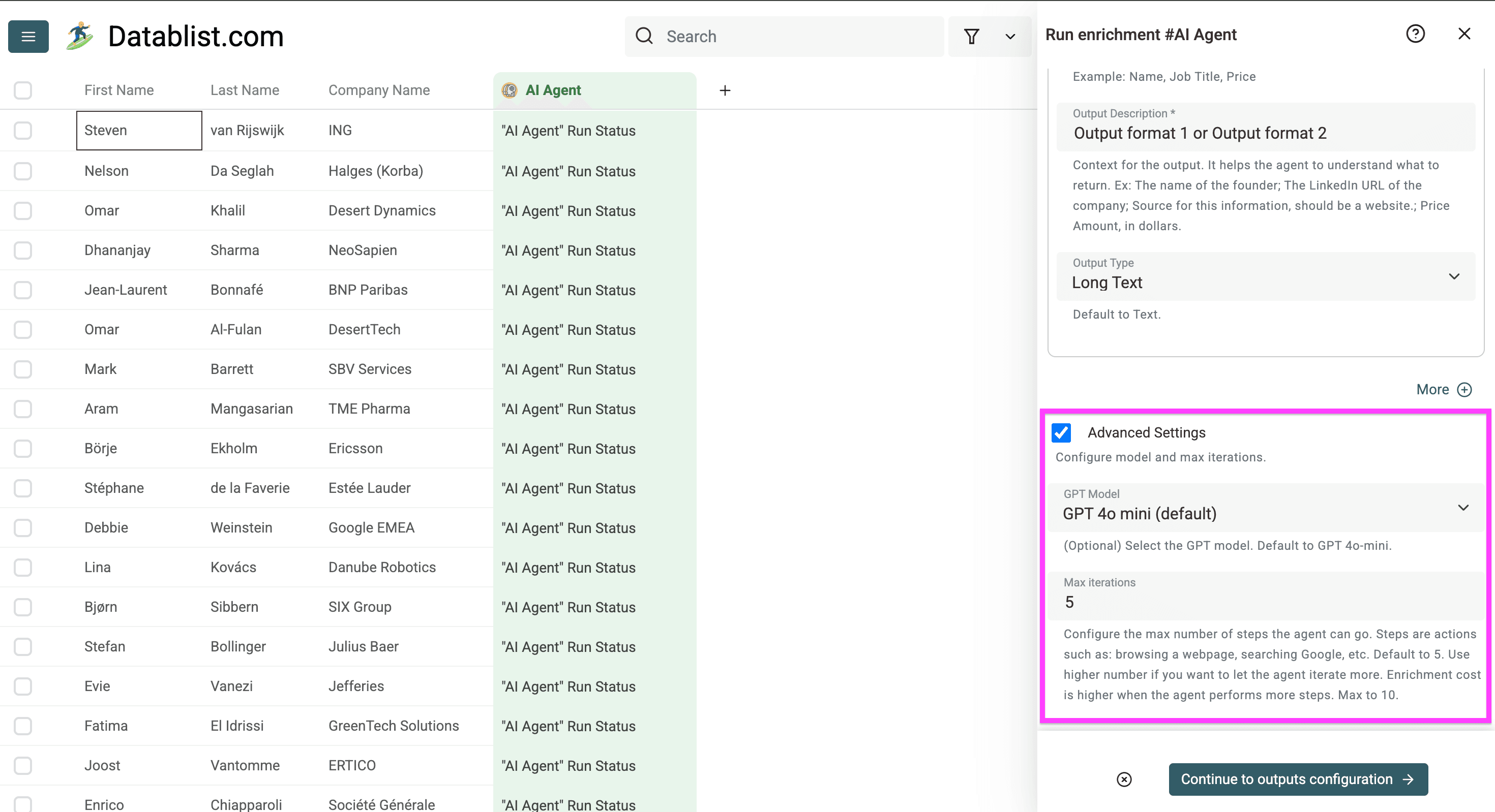 The advanced settings you can configure the AI research agent with