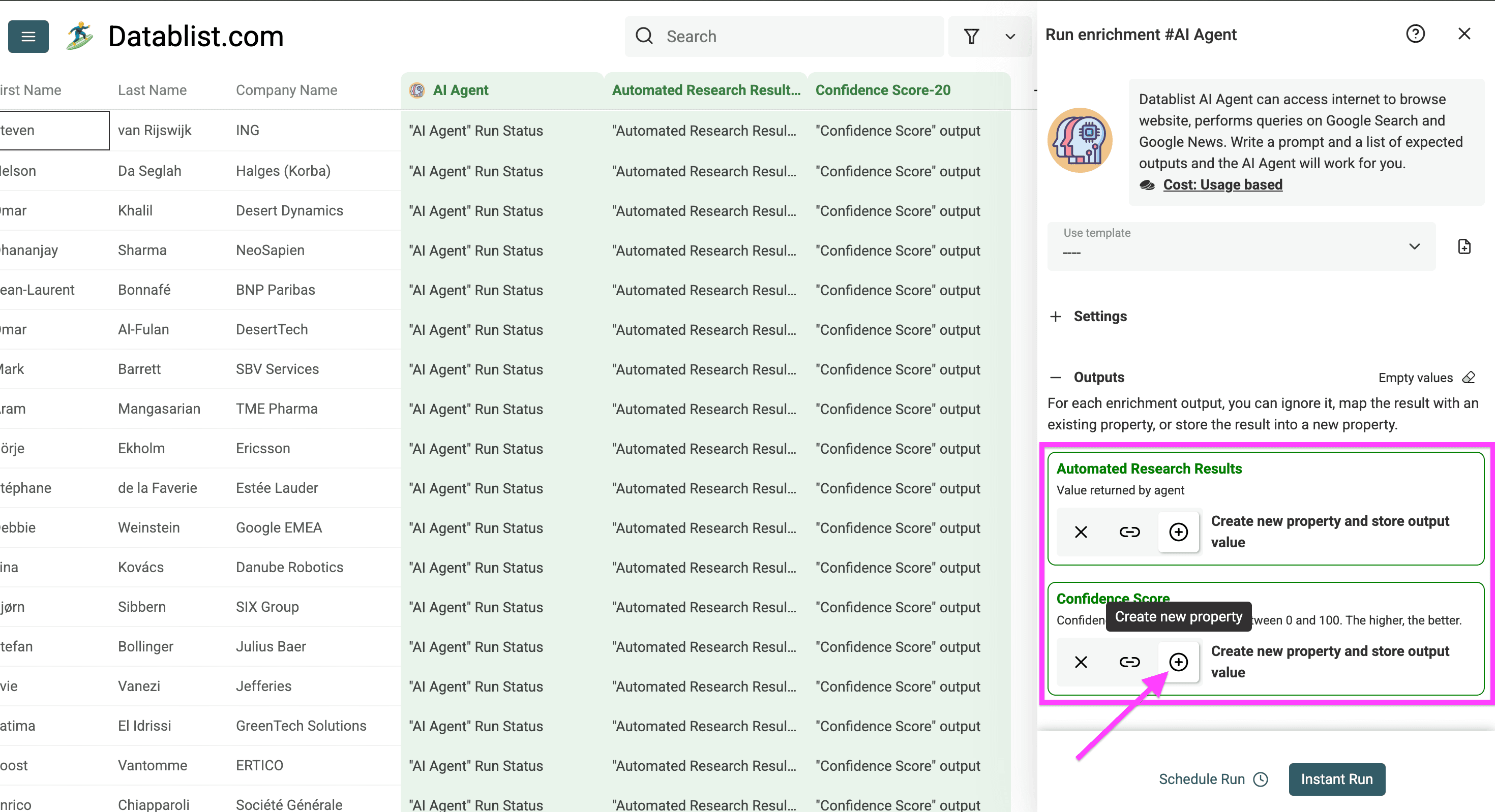 Creating new properties in my spreadsheet to get the automated search results