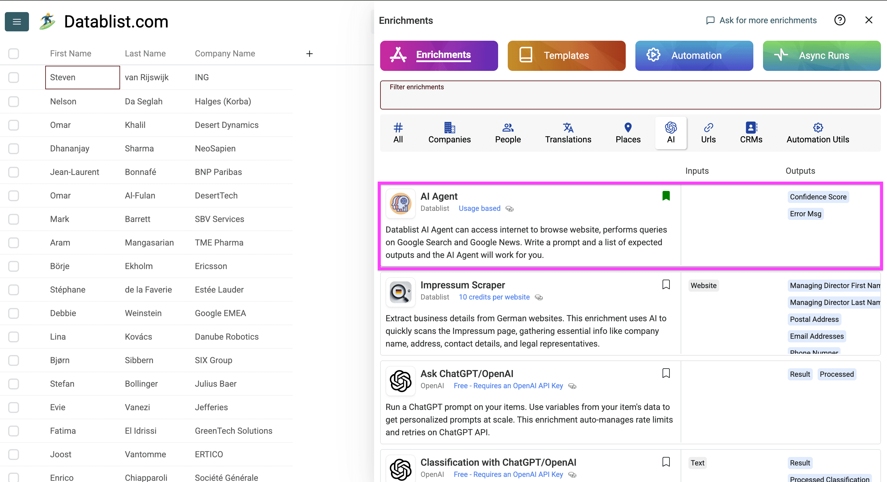 Datablist’s AI enrichments section and AI research agent