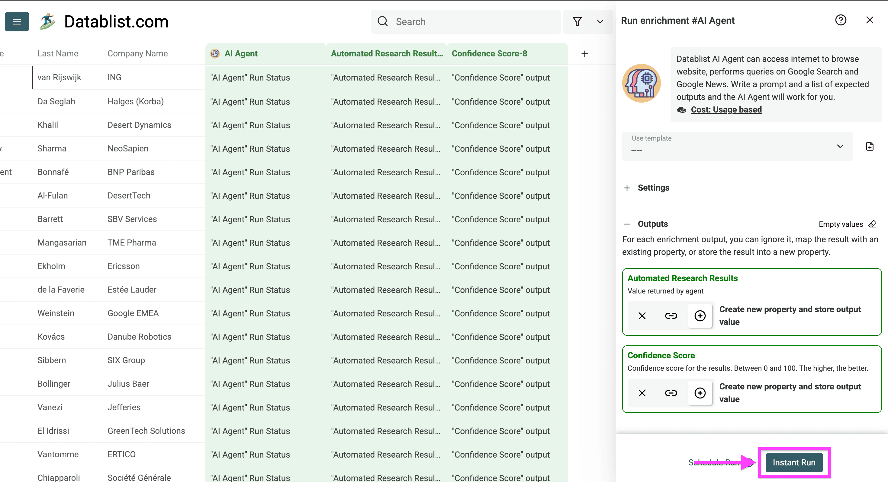 The last click to use the AI research agent