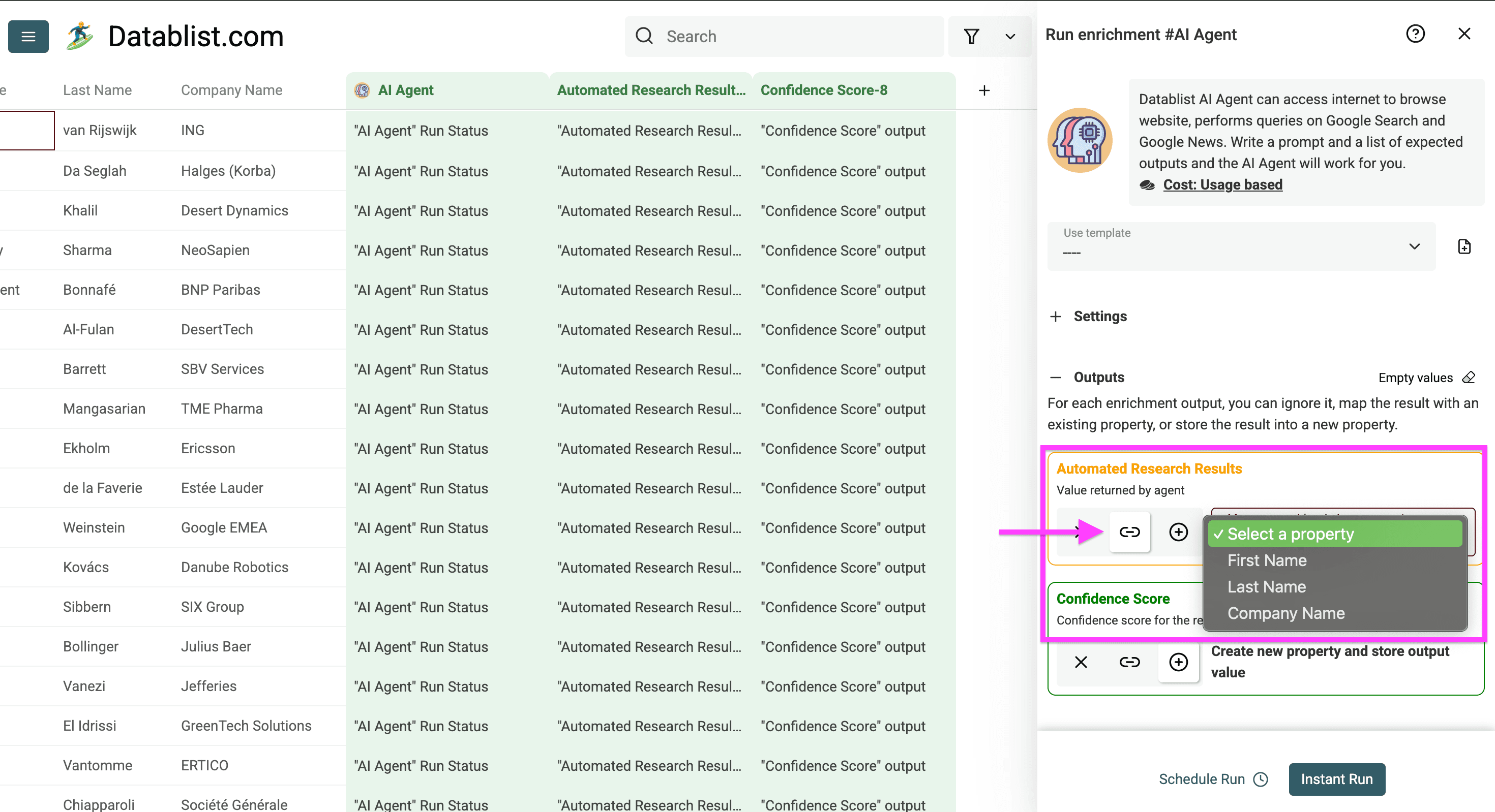 This is how it looks when you want to link the automated search results to existing columns