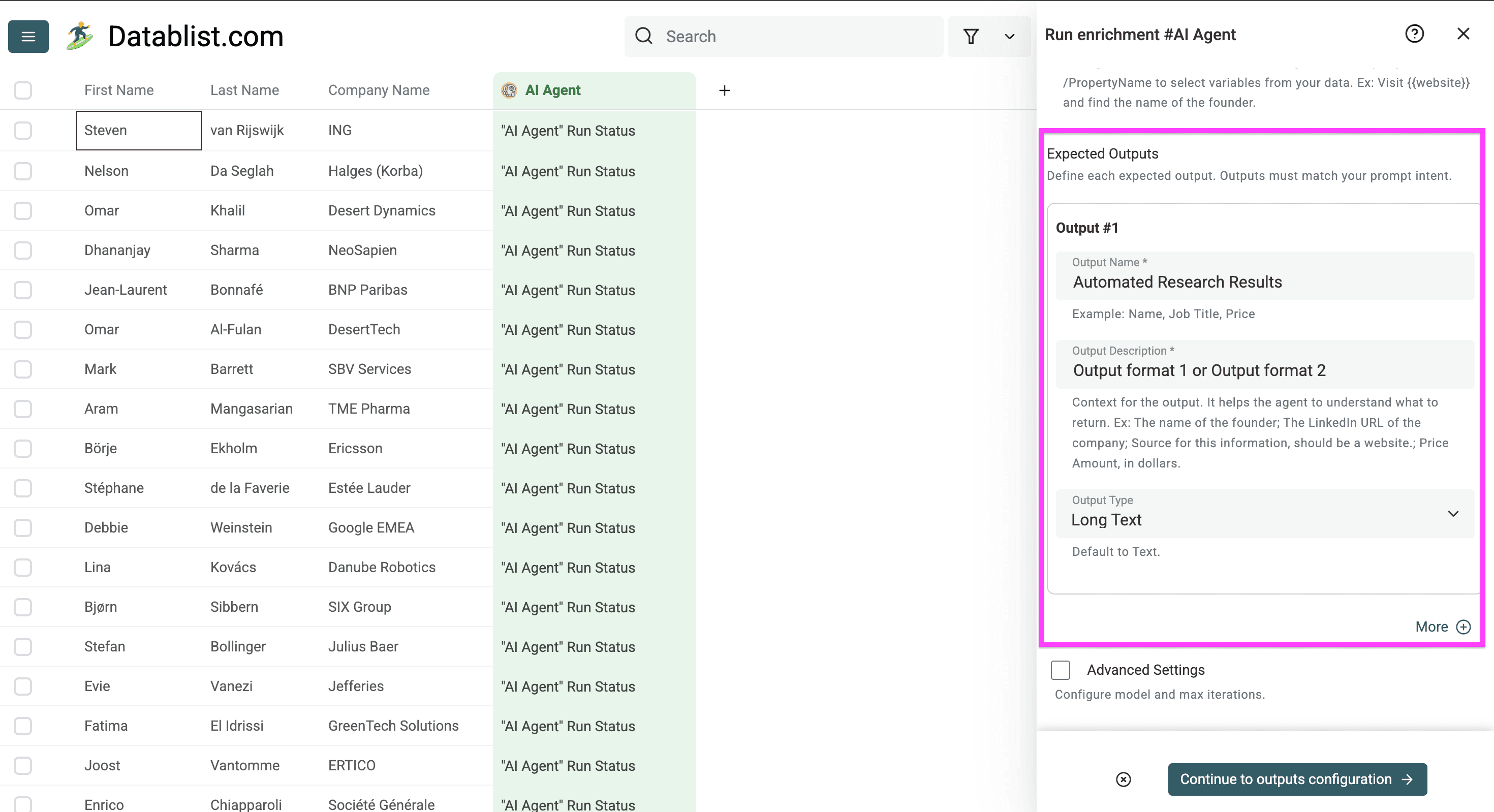 My output column to bring the automated research results in