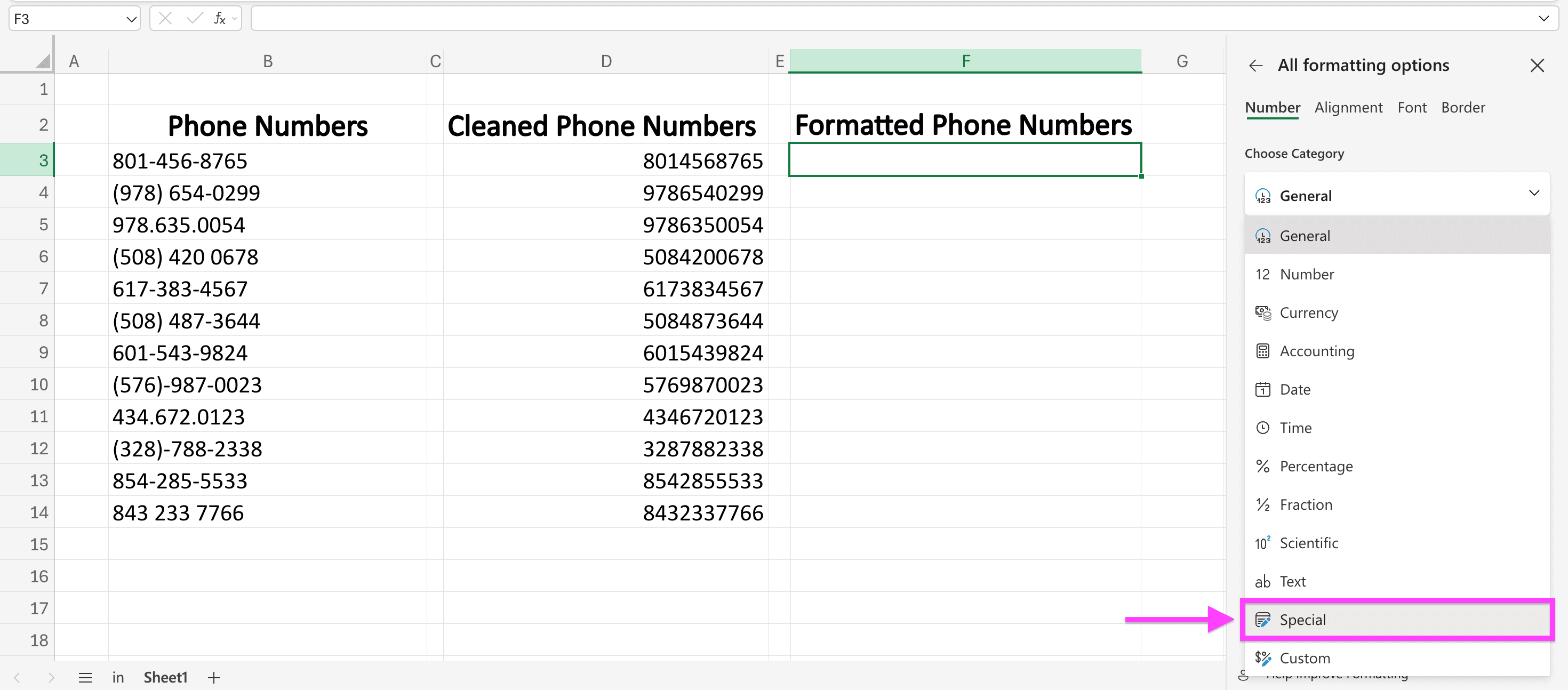 Formatting options in Excel