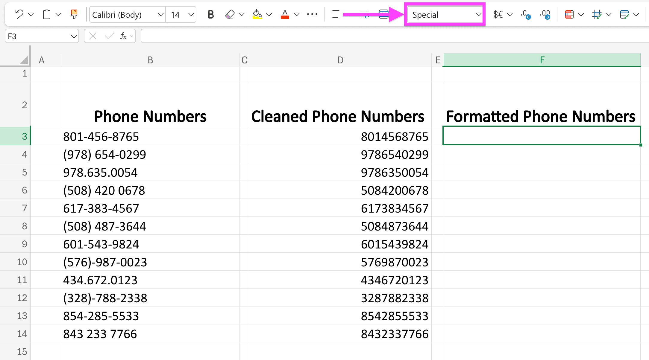 Formatted Excel column to format US phone numbers