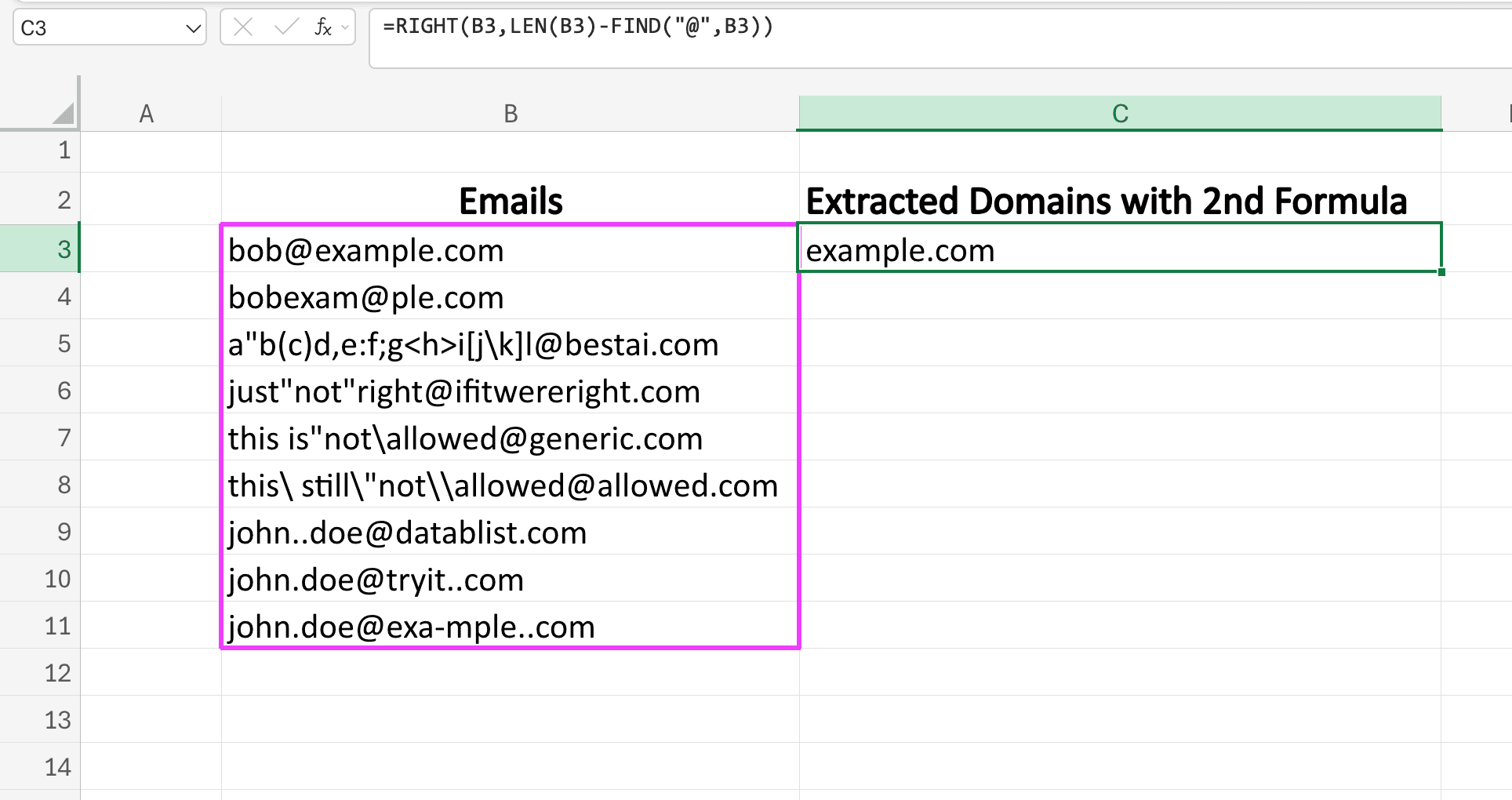 First domain extracted with the =RIGHT(B3,LEN(B3)-FIND("@",B3)) formula