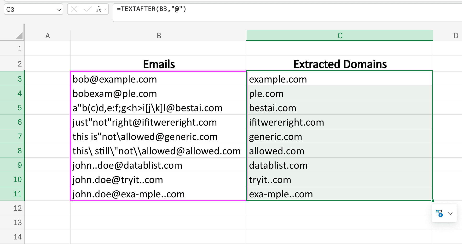 Extracted domains of an email list