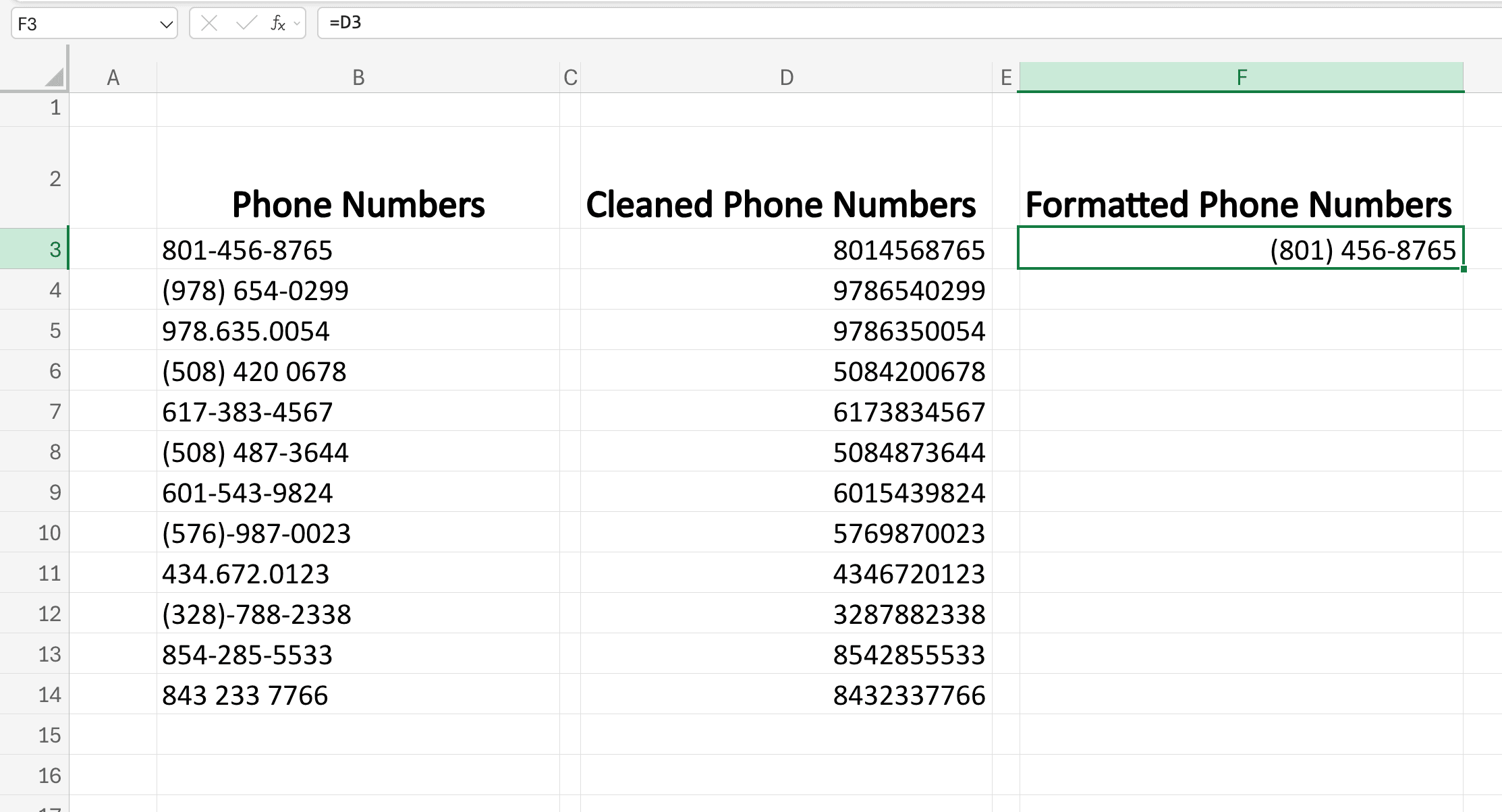 Formatted US. phone number in Excel