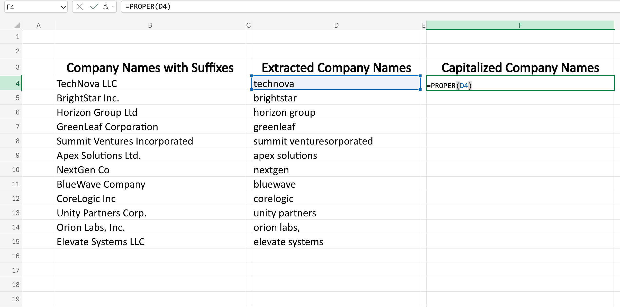 Formula that capitalizes the company names as proper nouns