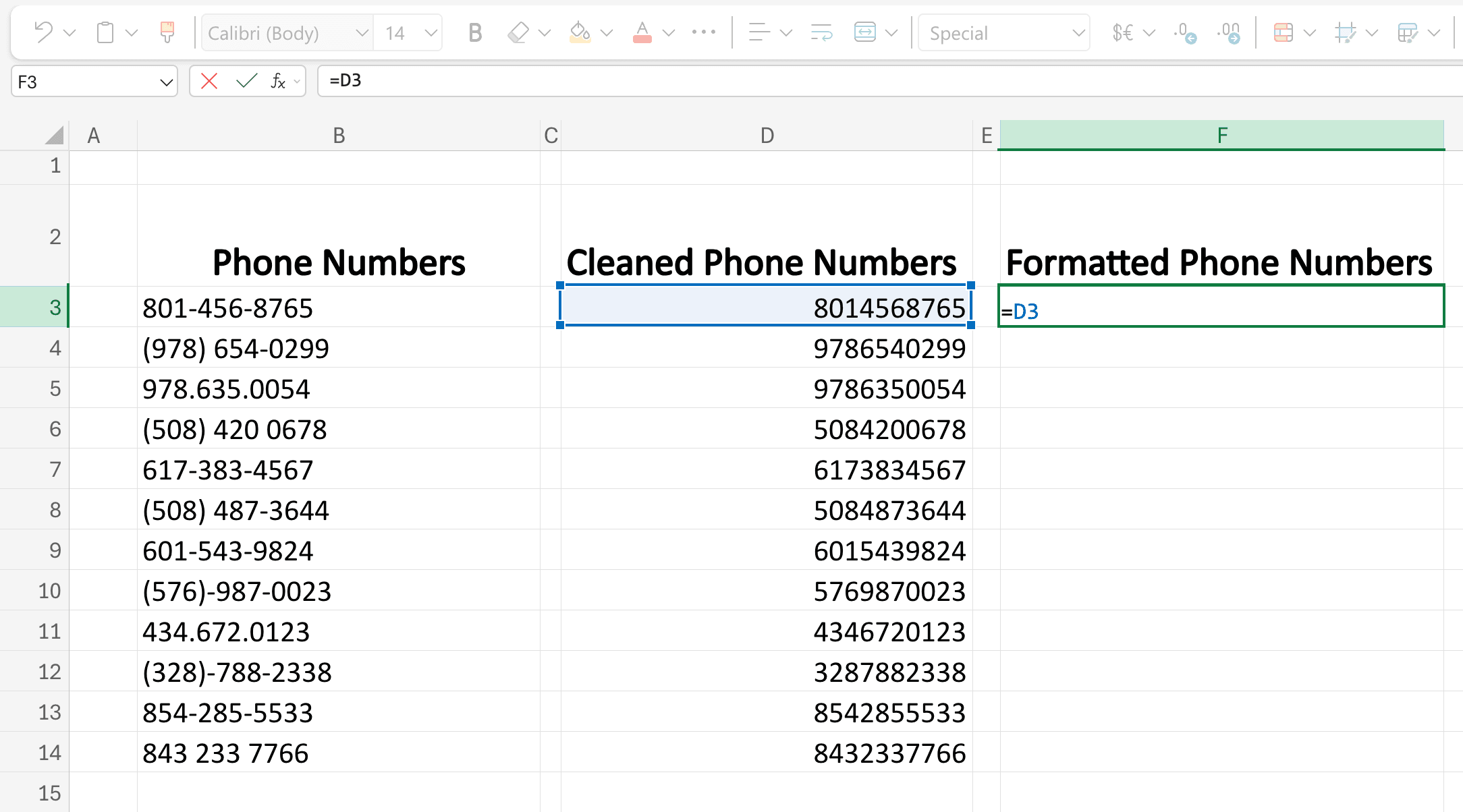 Simple formula to insert phone numbers into new column