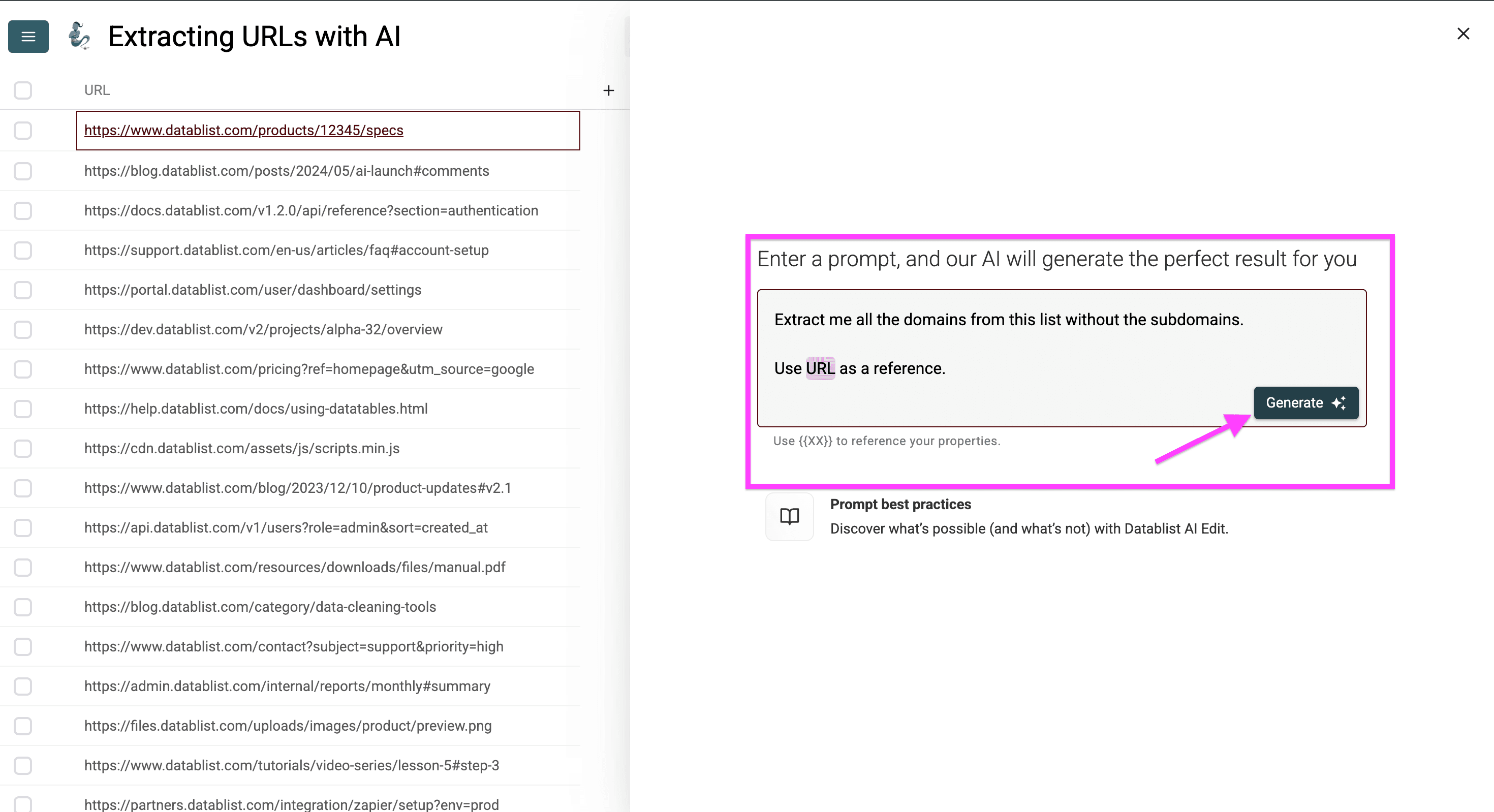 My prompt to extract domains from URLs