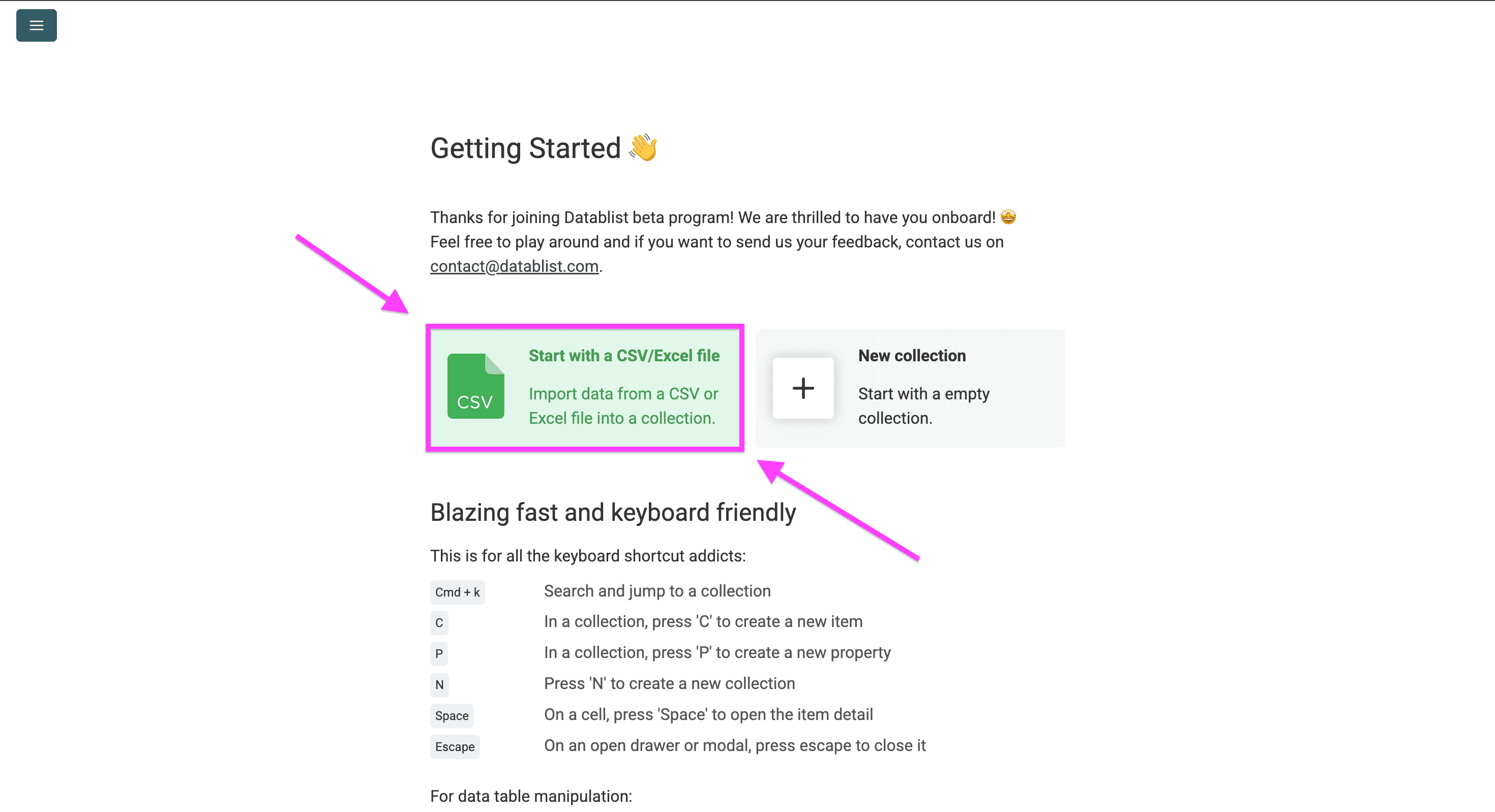Datablist’s start page