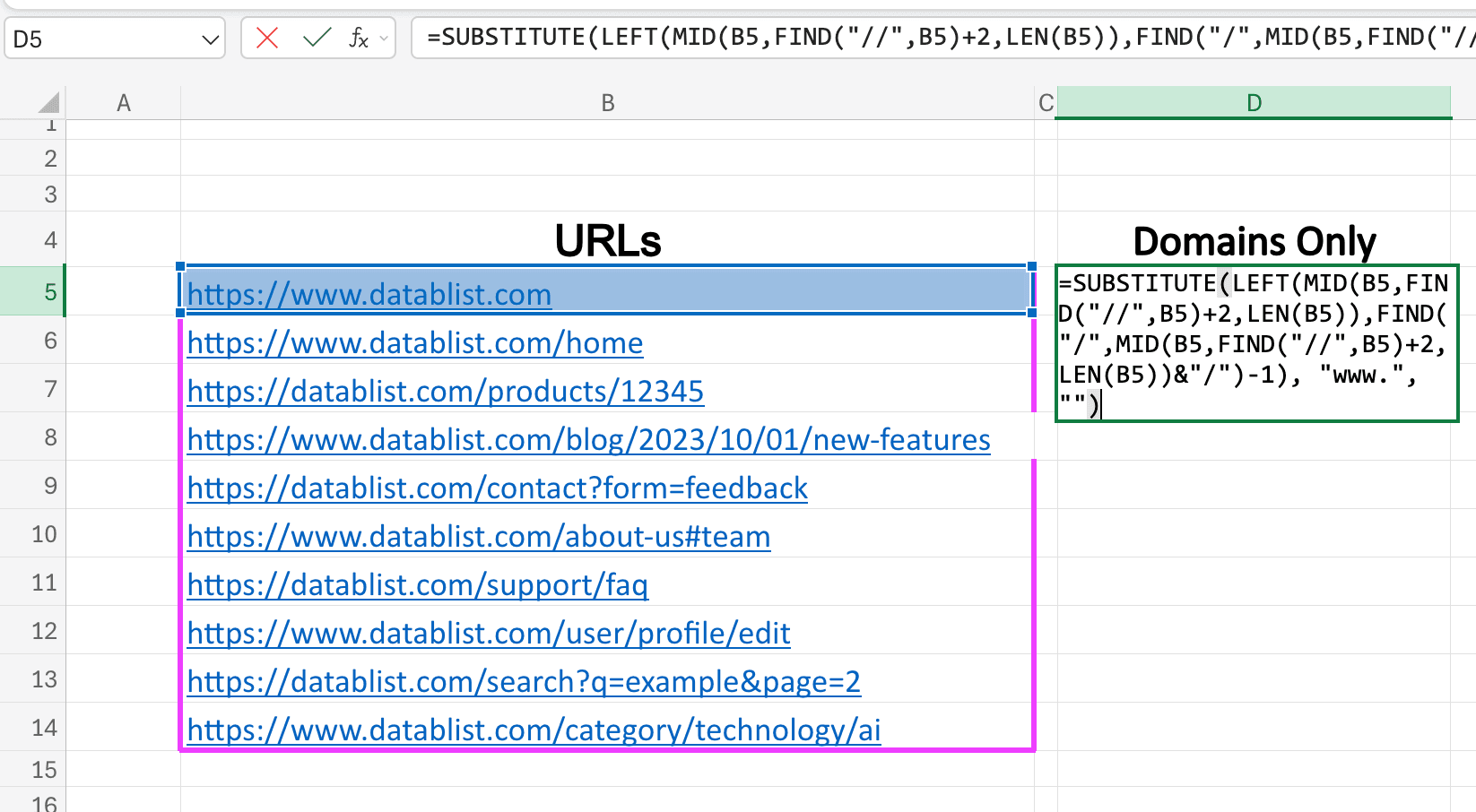 My formula to extract domain names from URLs