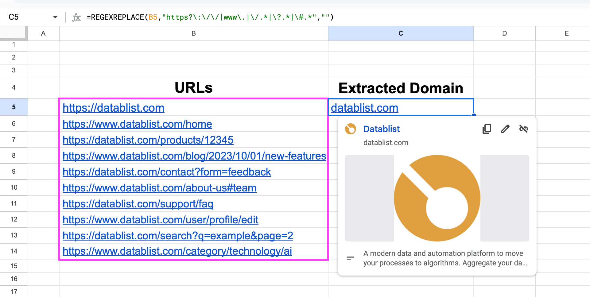 The domain name I extracted from a URL in Google Sheets