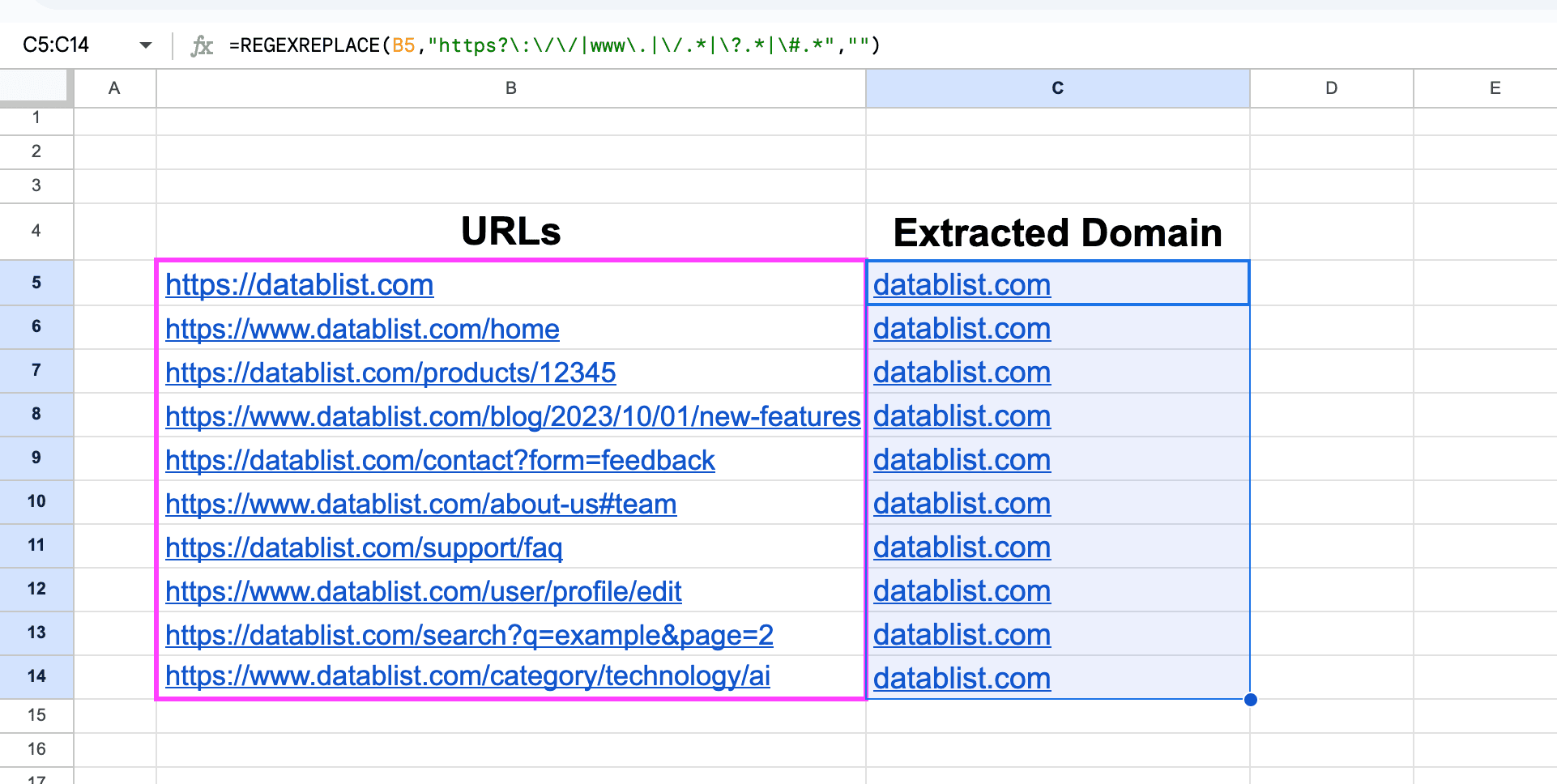 Extracted domains from my URL list in Google Sheets