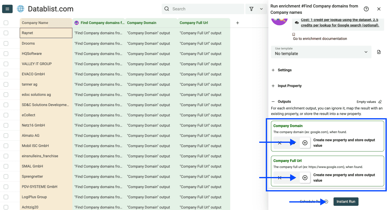 Three Methods Find Websites From Company Names - Outputs Configuration