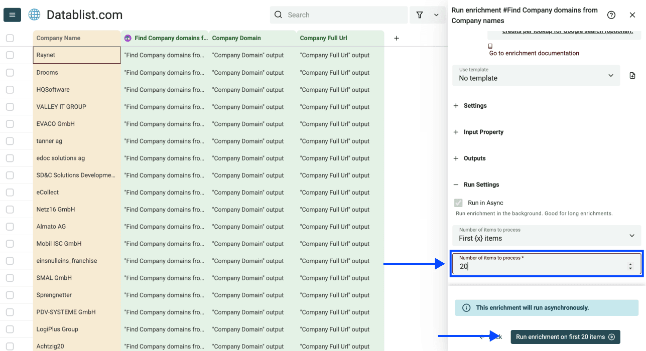 Three Methods Find Websites From Company Names - Run Settings