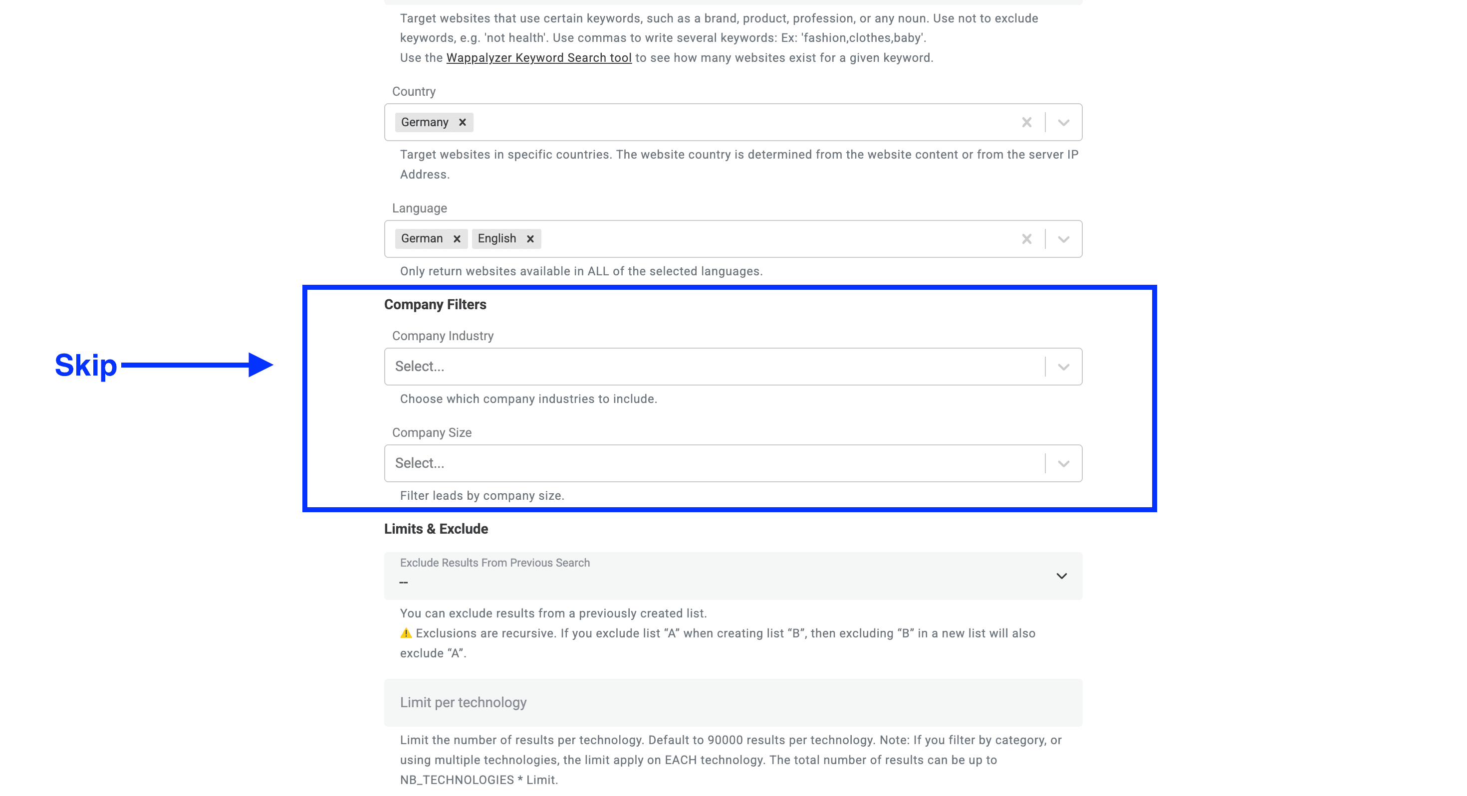 Datablist’s Technology Finder, company filter