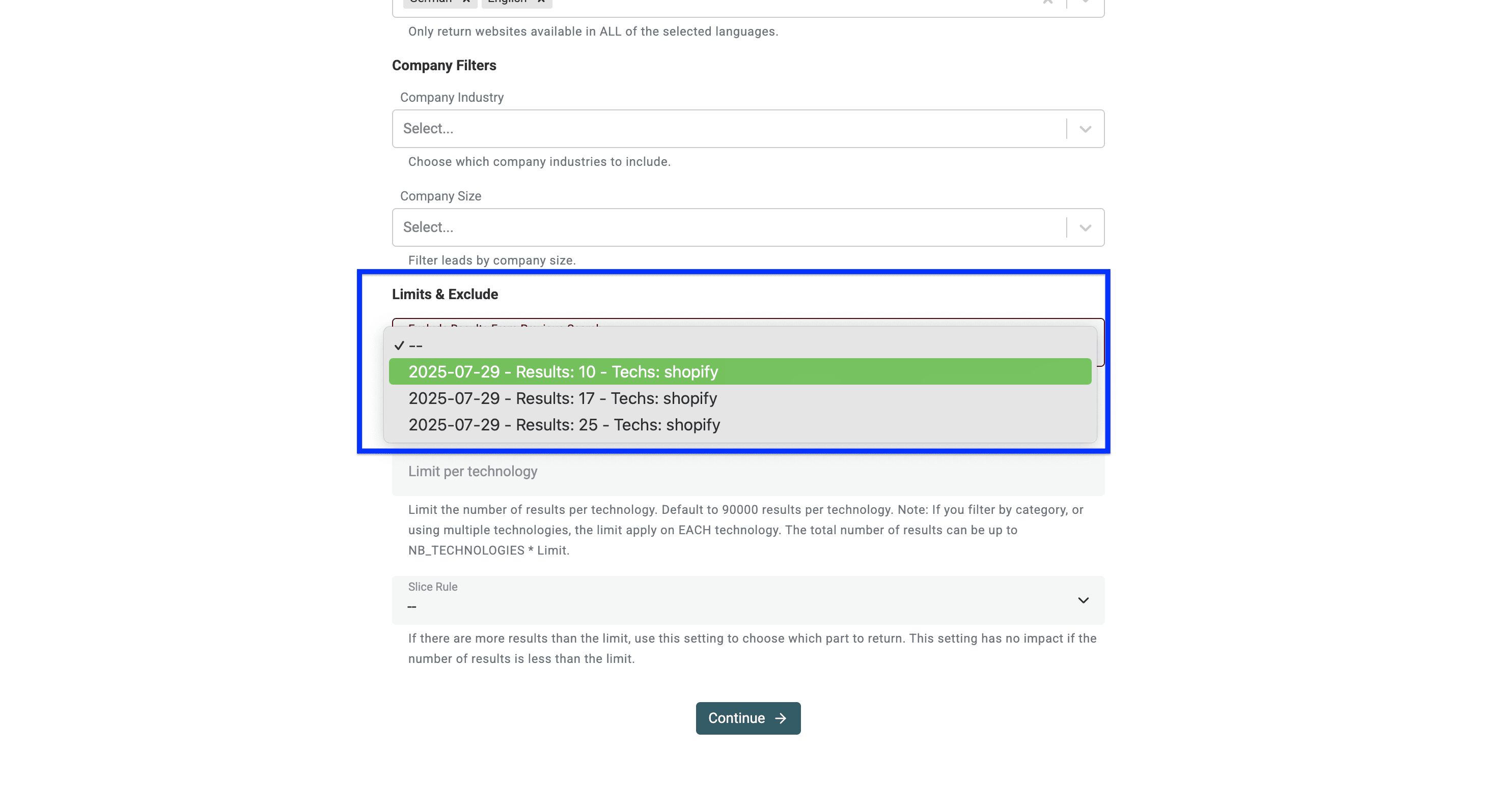 Datablist’s Technology Finder, exclusion filter
