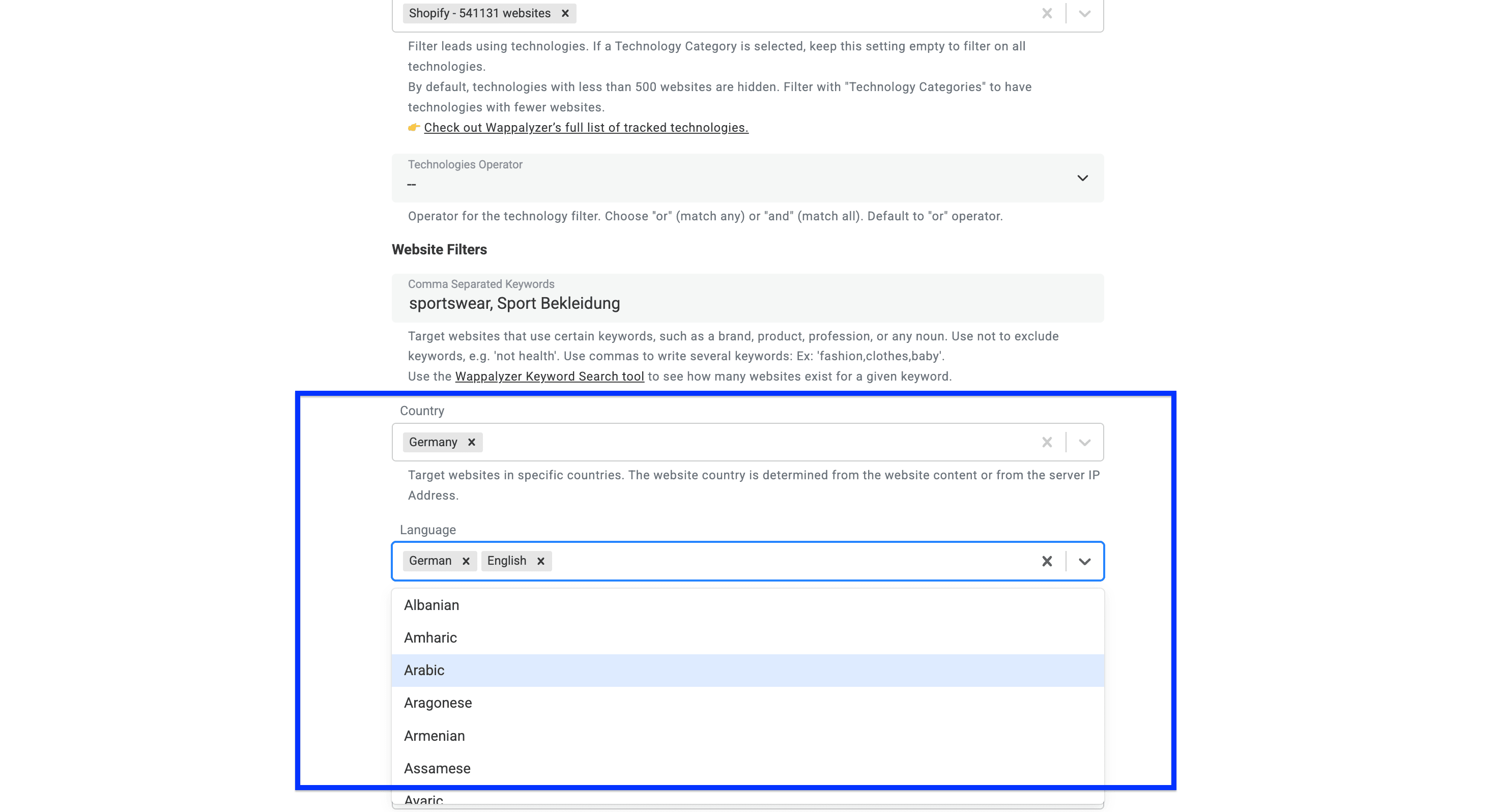 Datablist’s Technology Finder, language and country filter