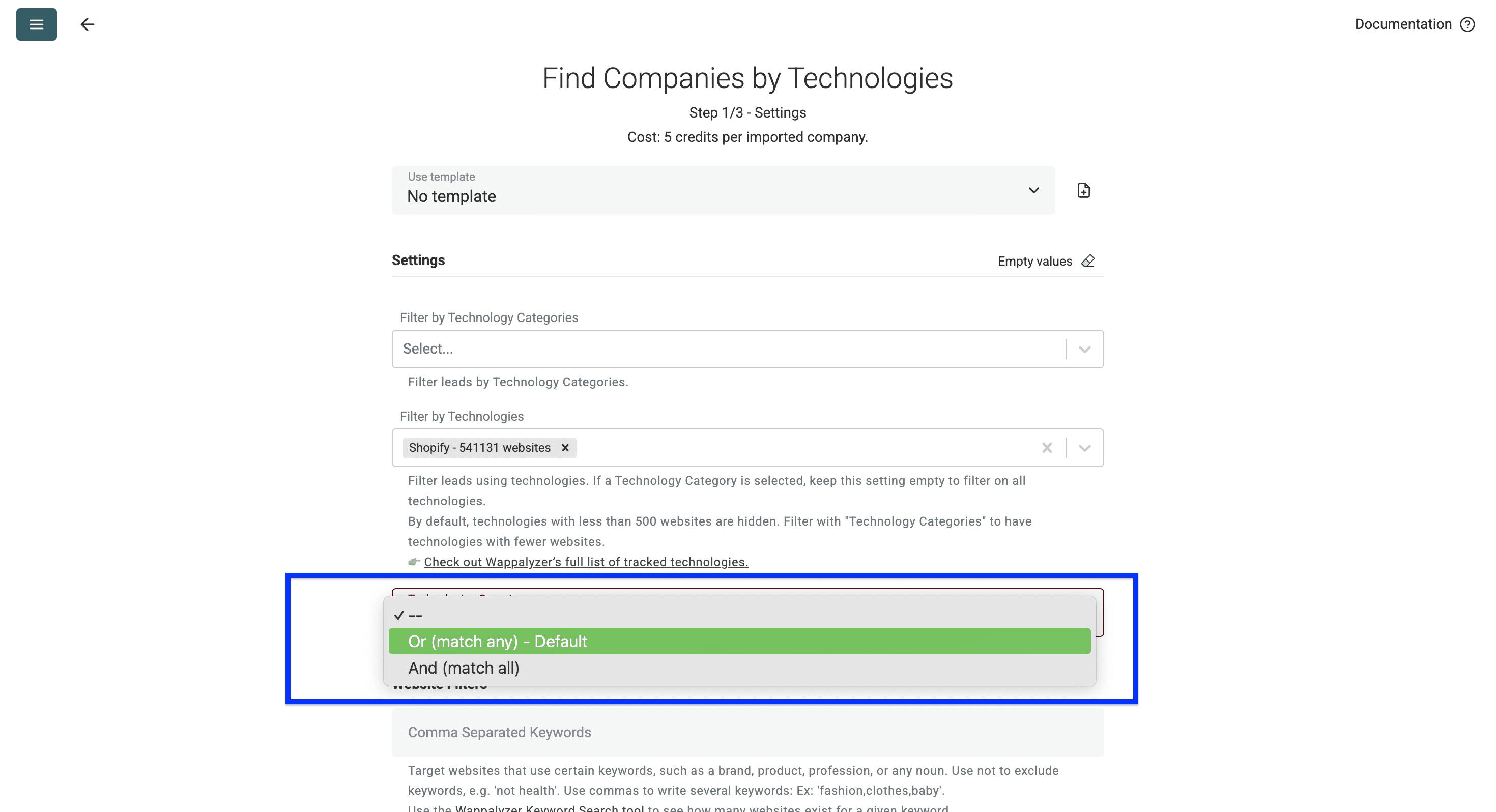 Datablist’s Technology Finder, matching operators