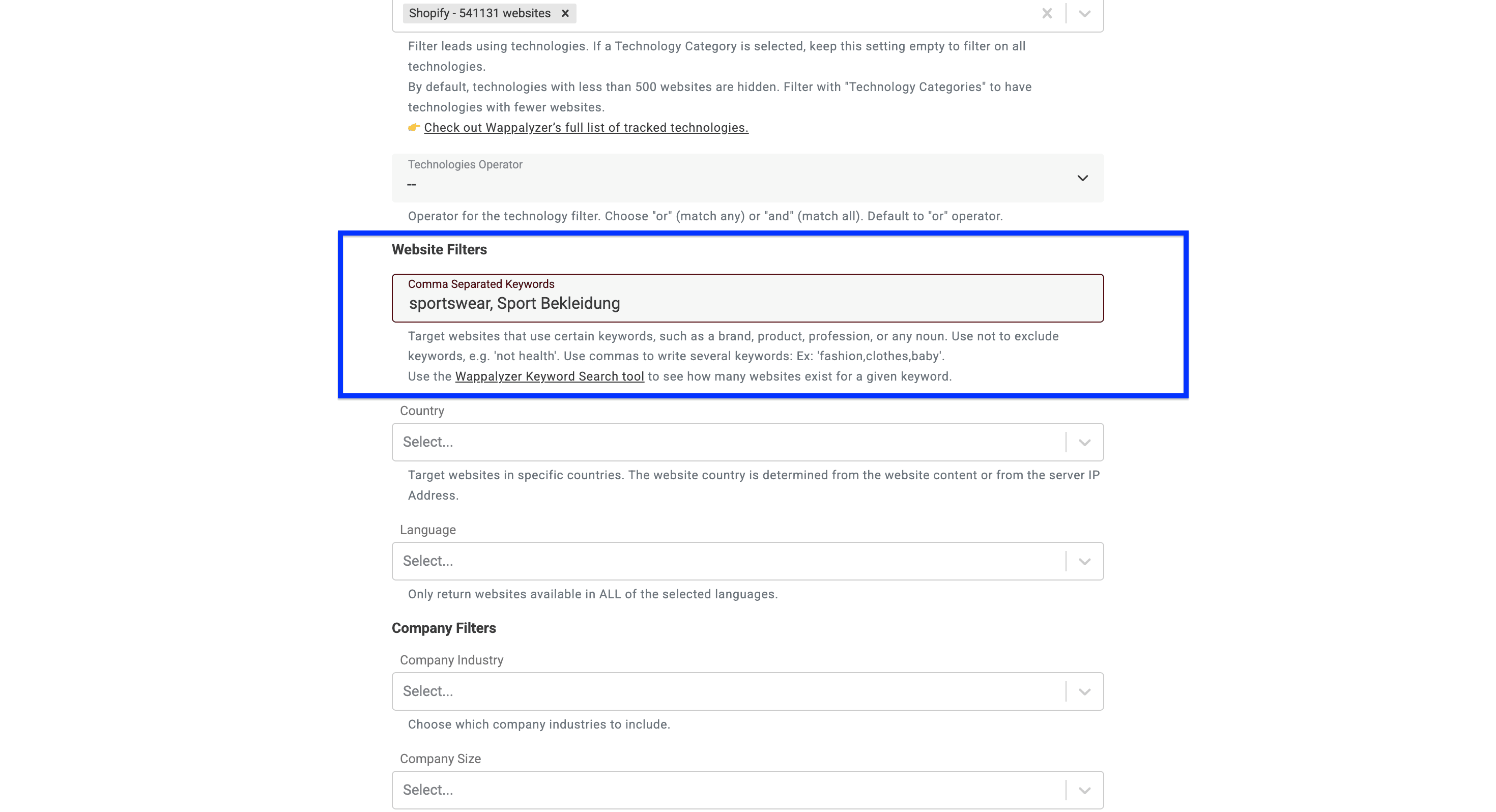 Datablist’s Technology Finder, keyword filter