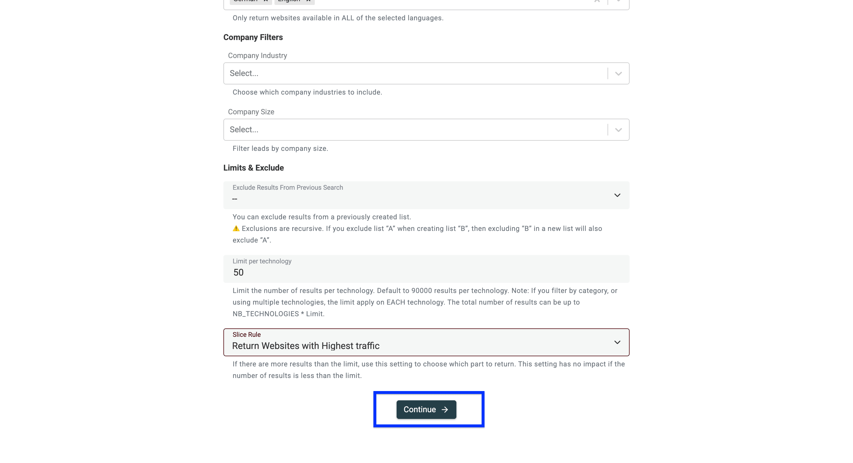 Datablist’s Technology Finder, last step