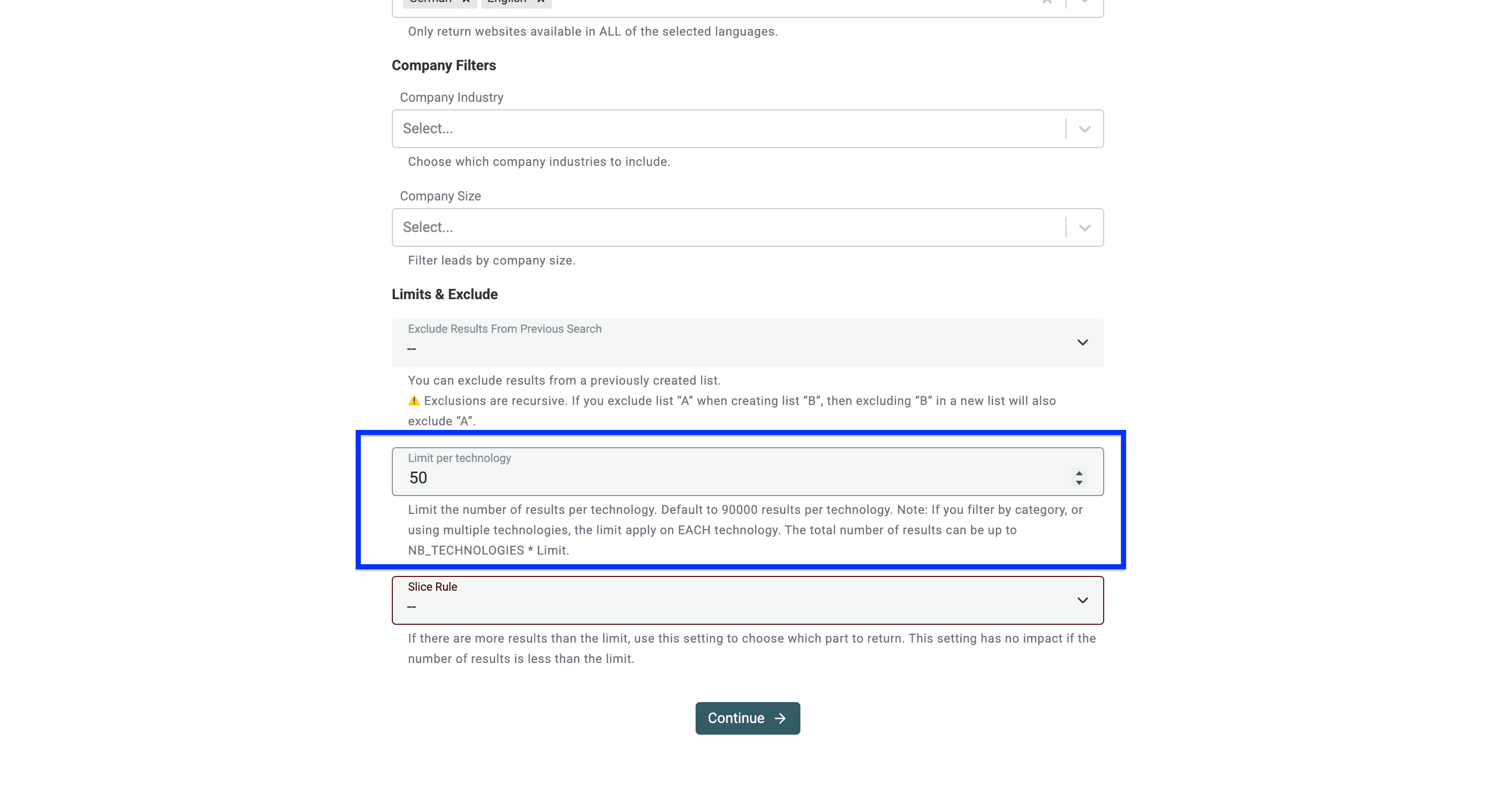 Datablist’s Technology Finder, limit setting