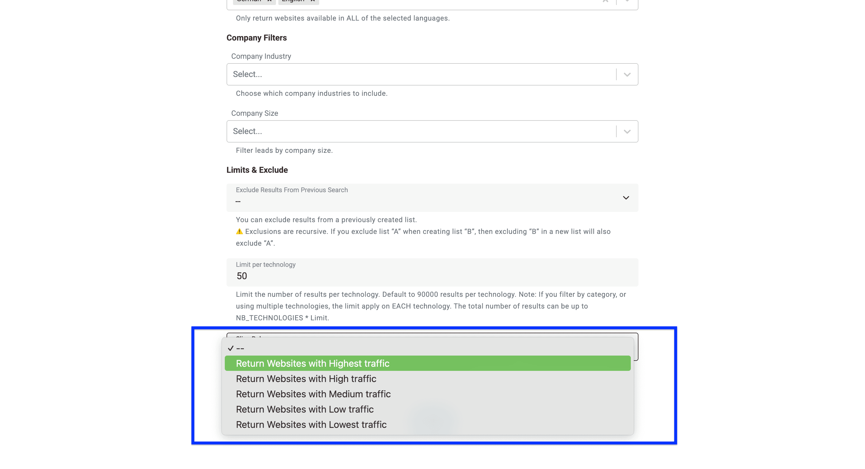 Datablist’s Technology Finder, slice rule