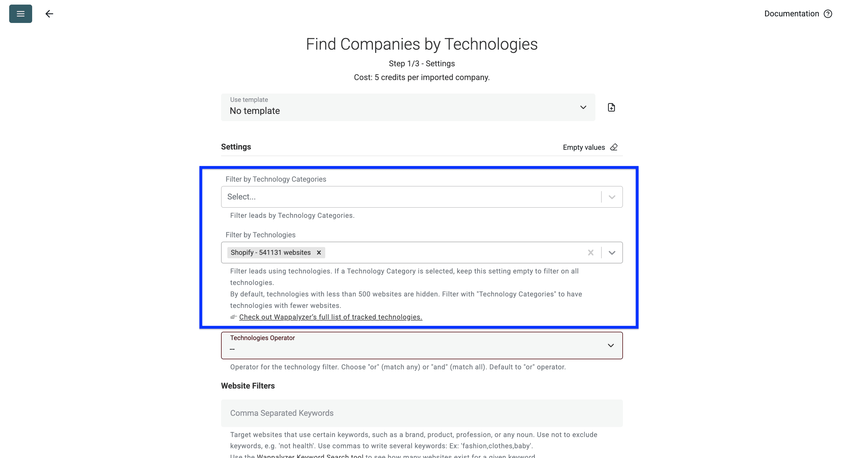 Datablist’s Technology Finder, technology filters