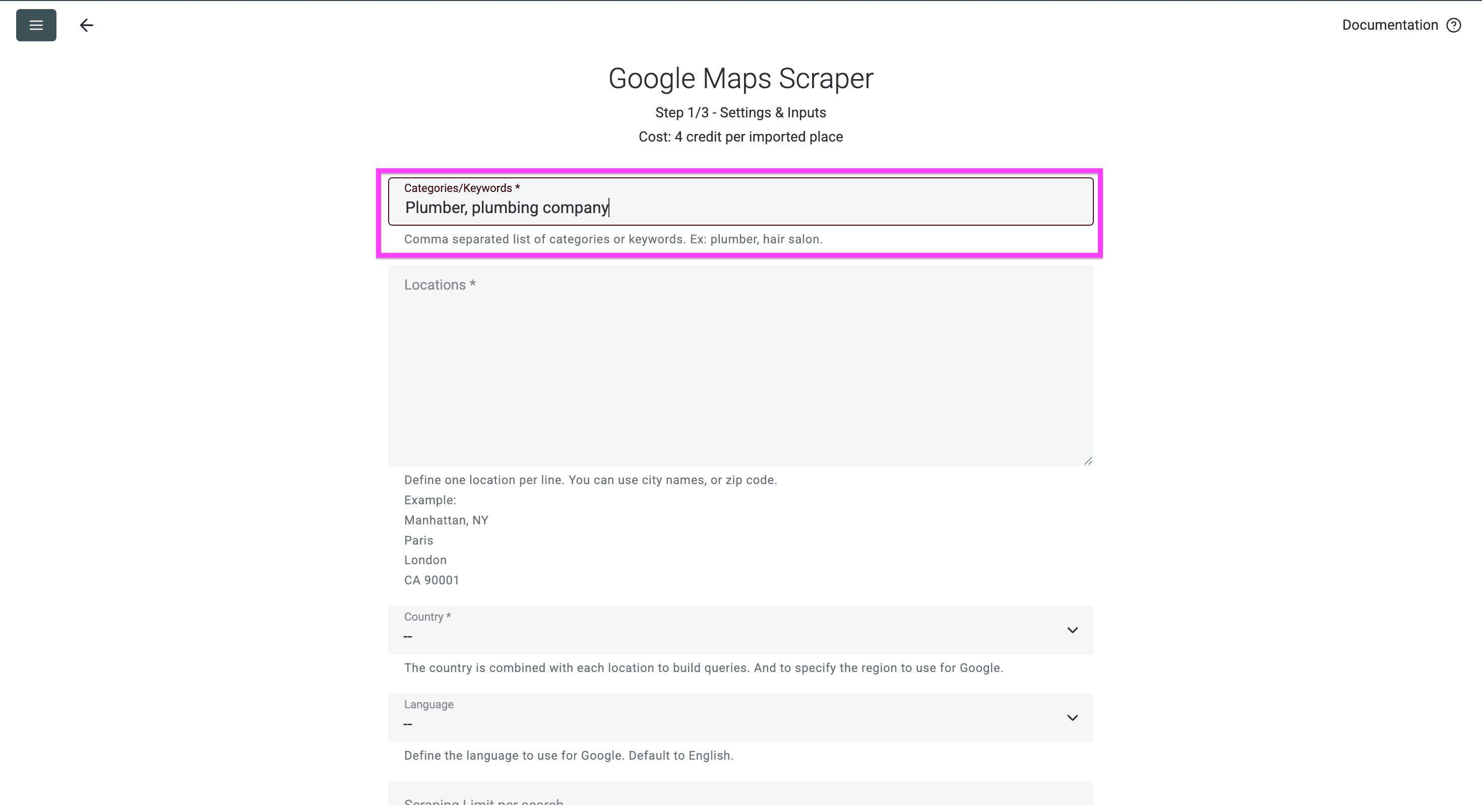 Google Maps scraper configuration in Datablist. I inserted my keywords