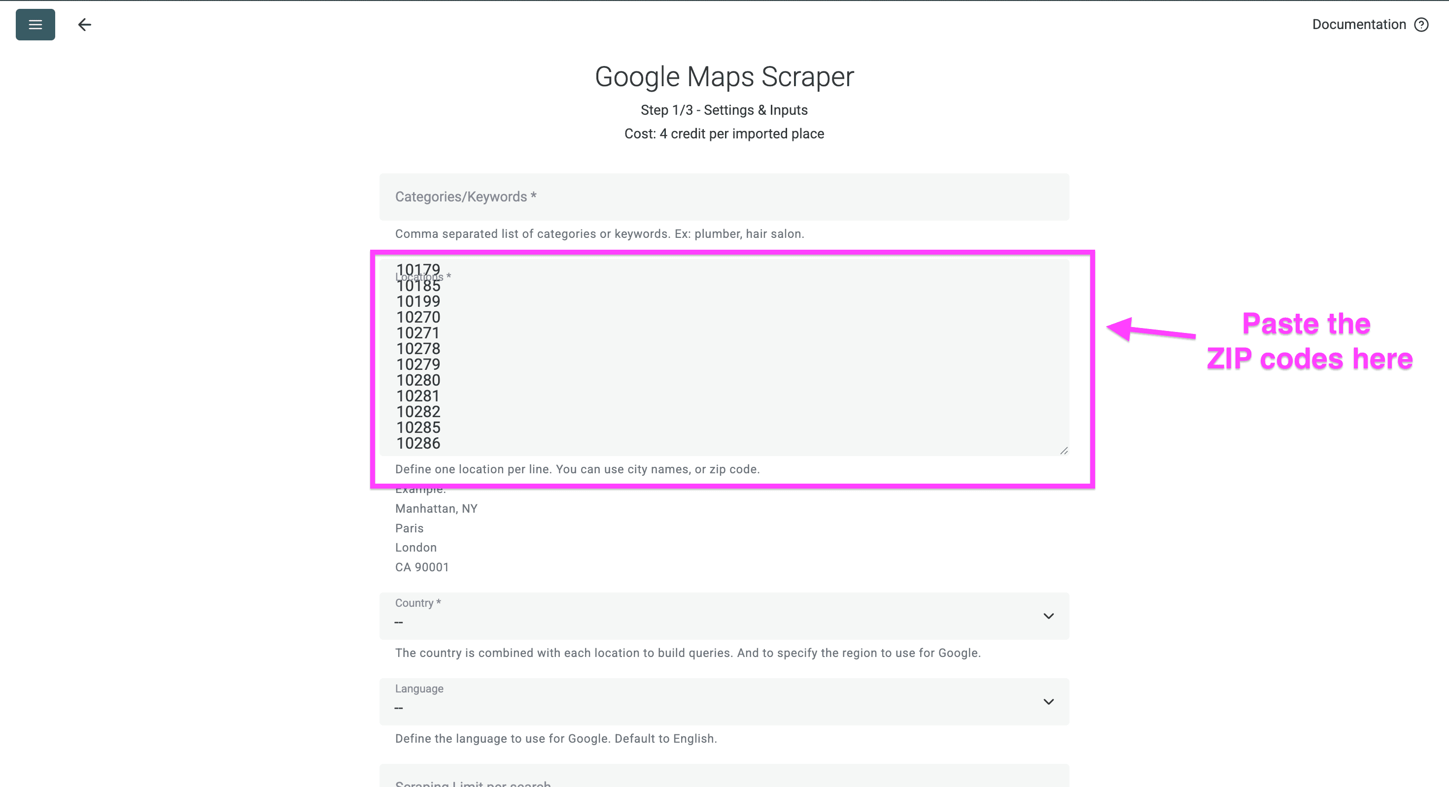 ZIP codes pasted line-by-line