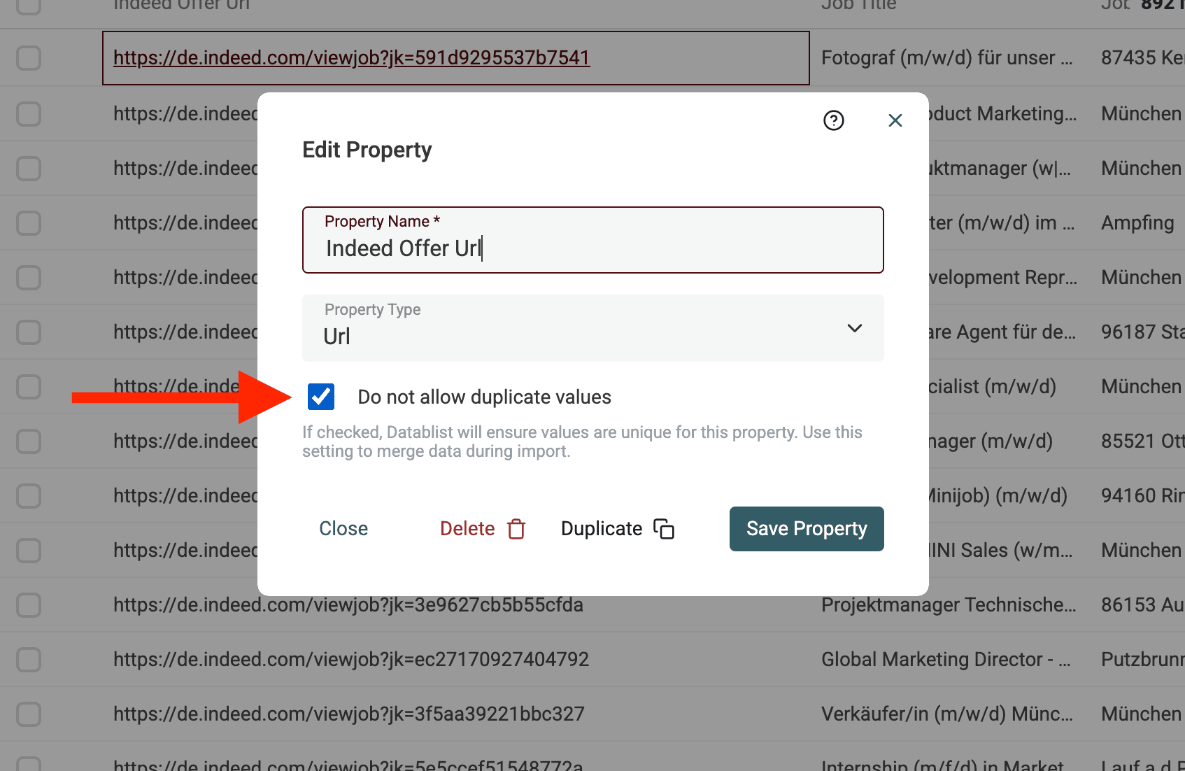 Enable the "Do not allow duplicate values" setting