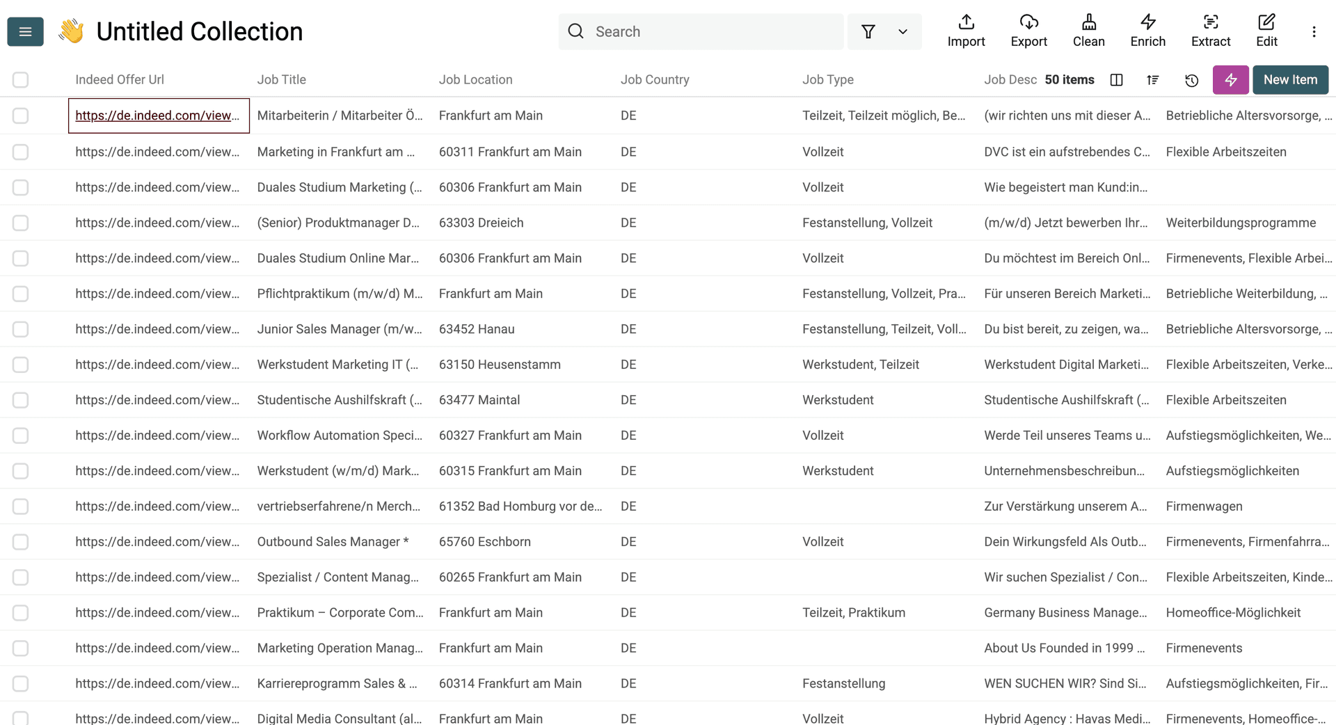 The results of the Indeed job offer search