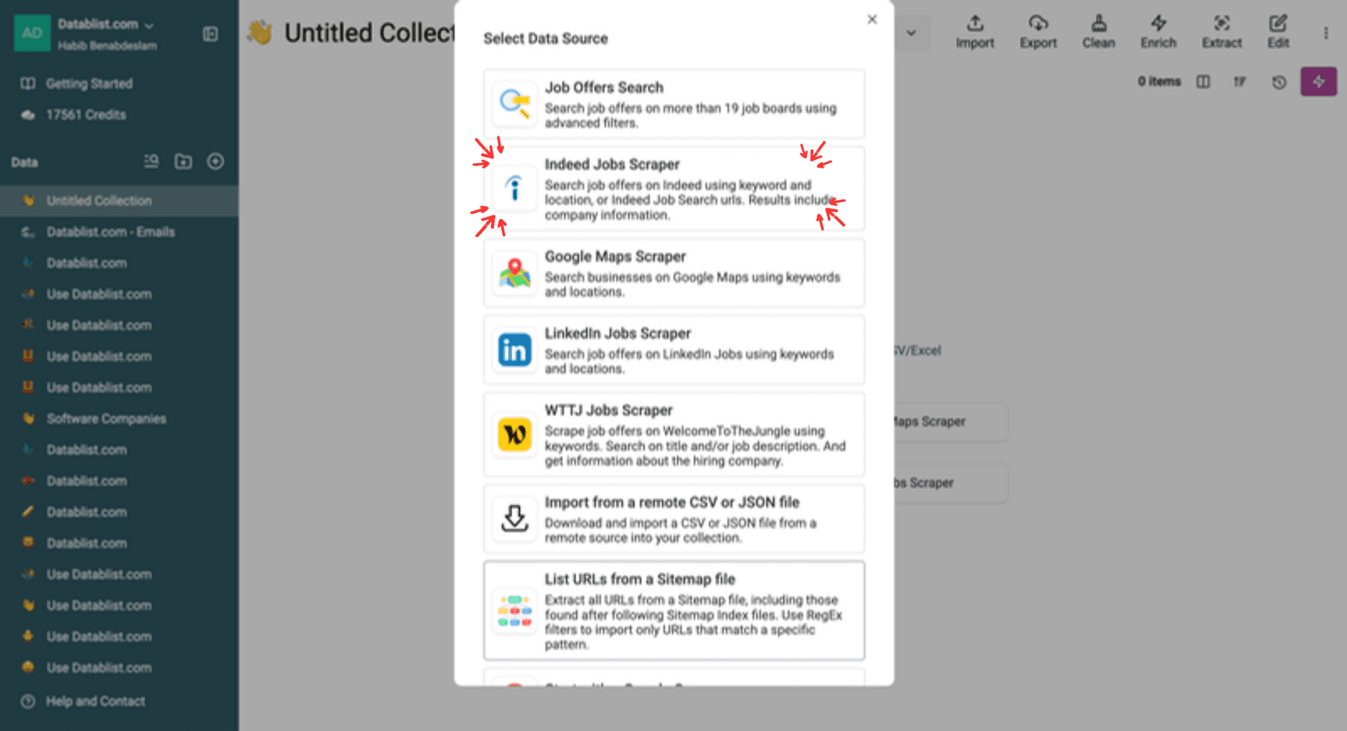 Selecting the Indeed job scraper