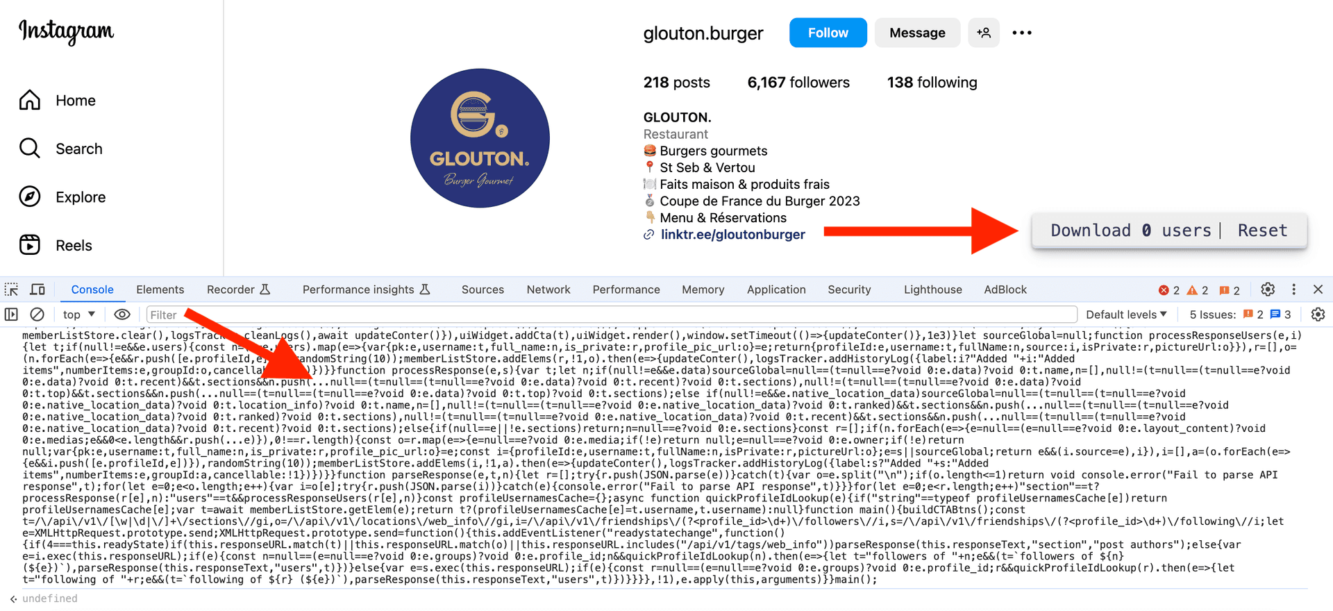 Copiar y pegar el script de extracción de usuarios de Instagram en la pestaña Console.