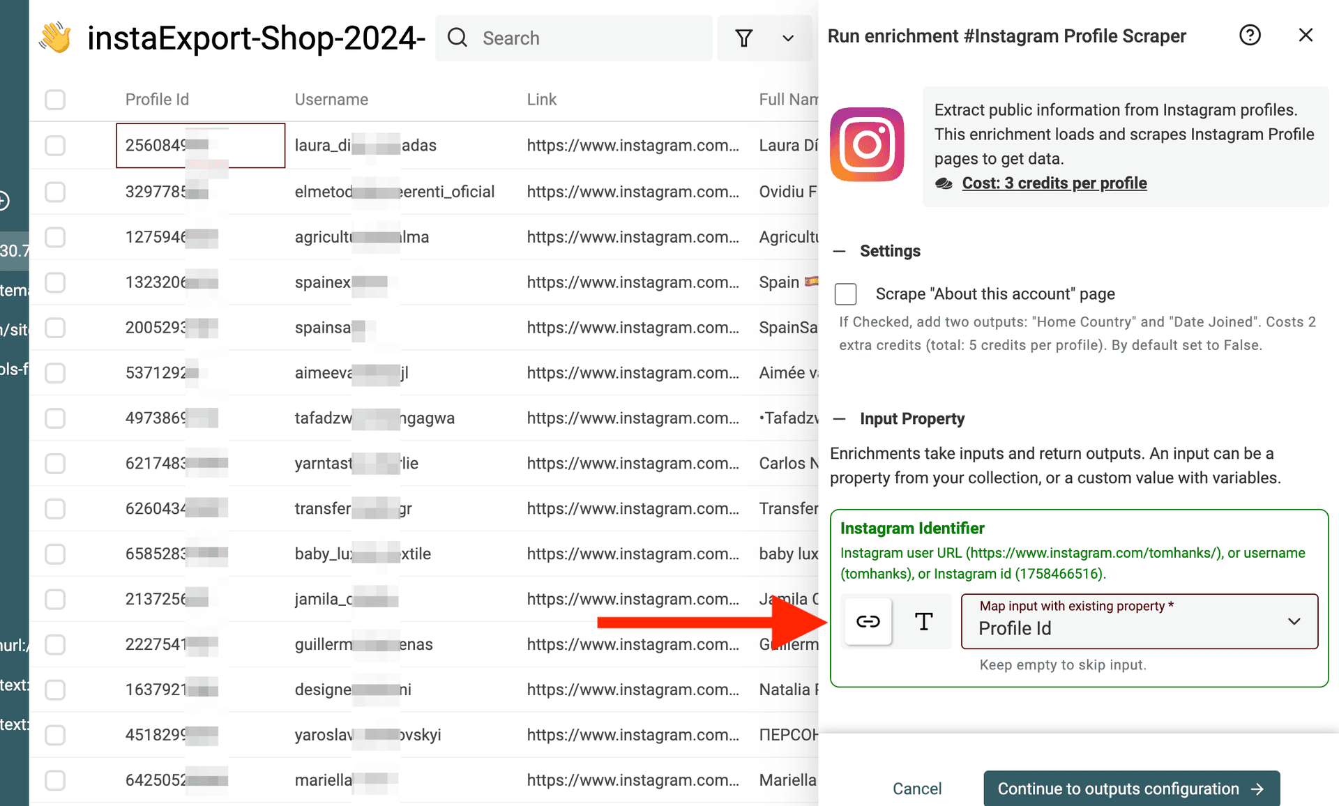 Configurar entradas de Instagram Profile Scraper