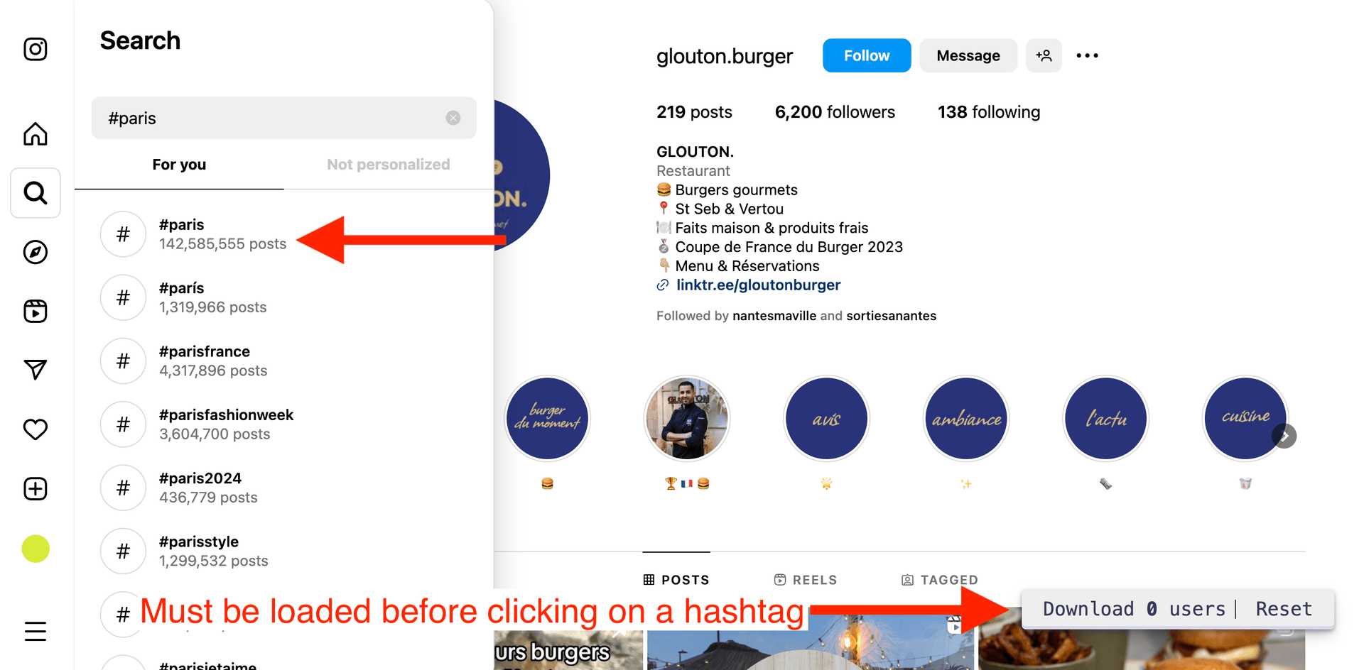 Haga clic en un hashtag desde el menú Search