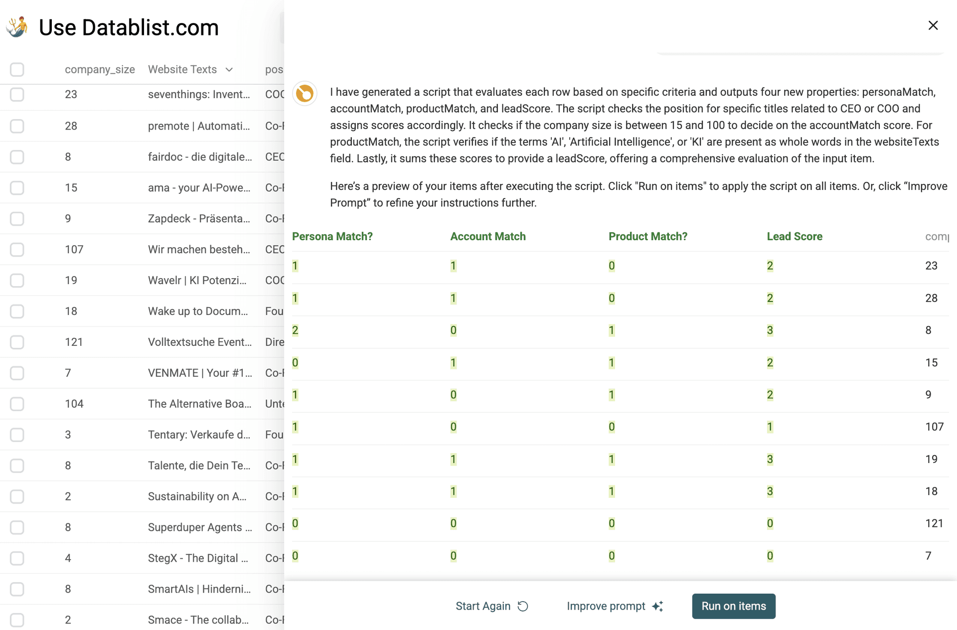Generated preview of the lead scoring system generated by the AI