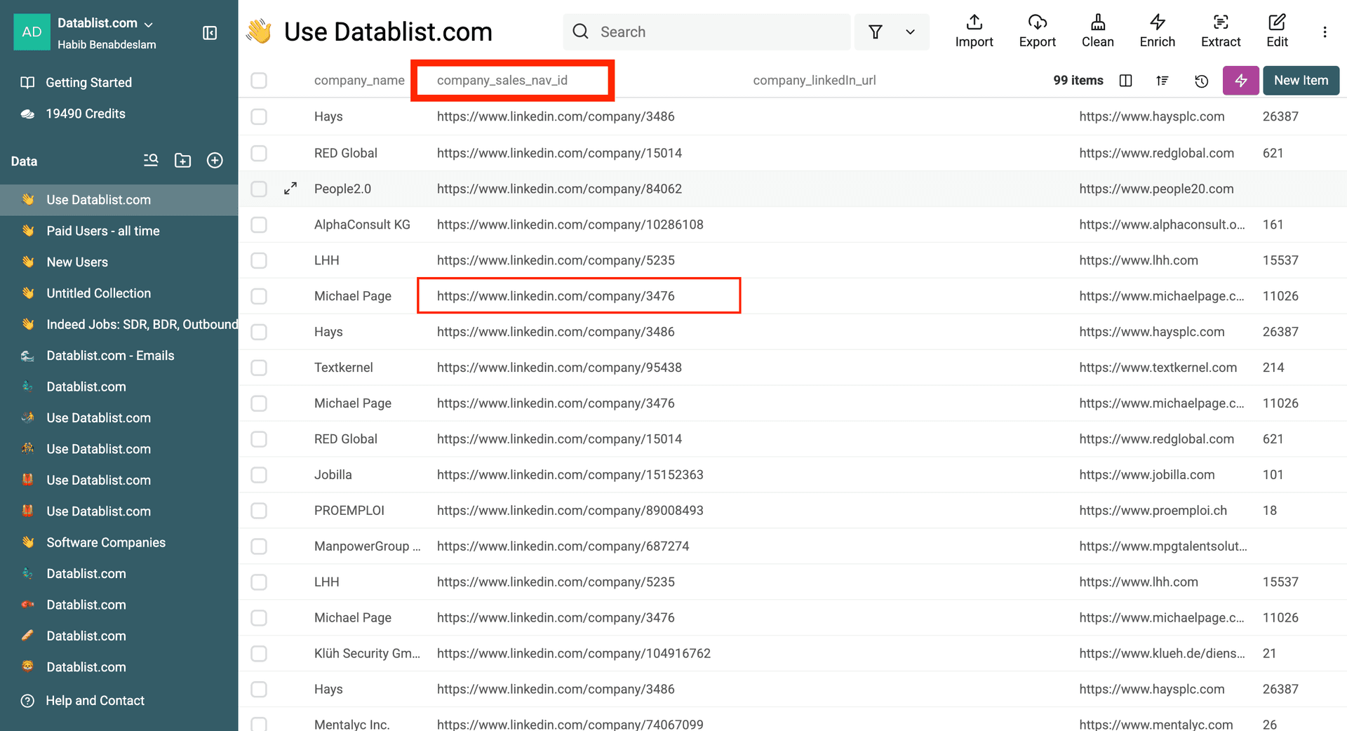My Datablist file with the LinkedIn Sales Navigator Company URLs.
