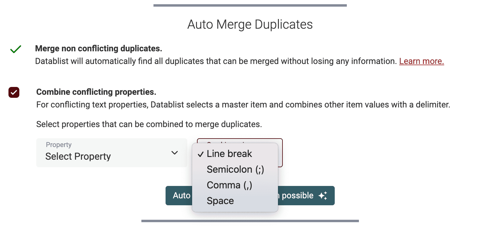 Opciones para combinar duplicados