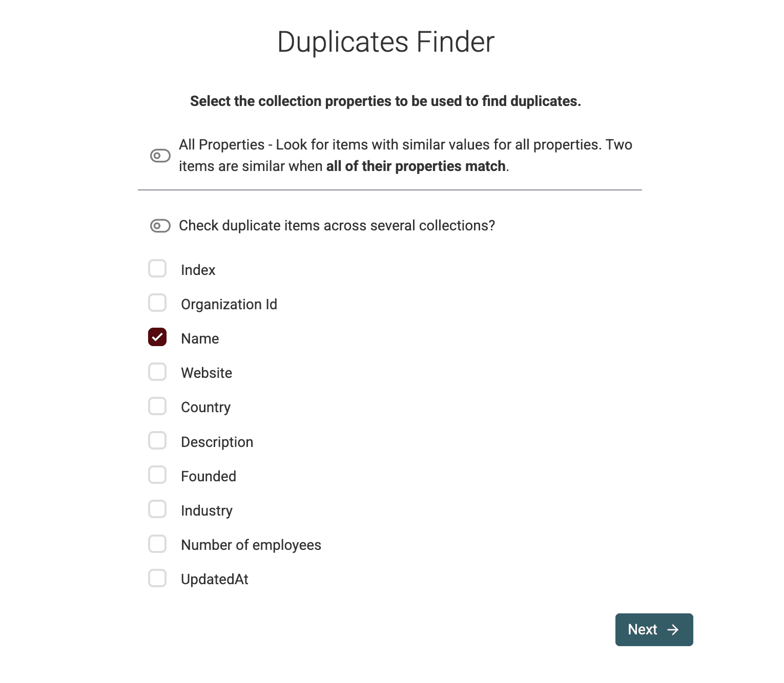 Select properties to identify duplicates