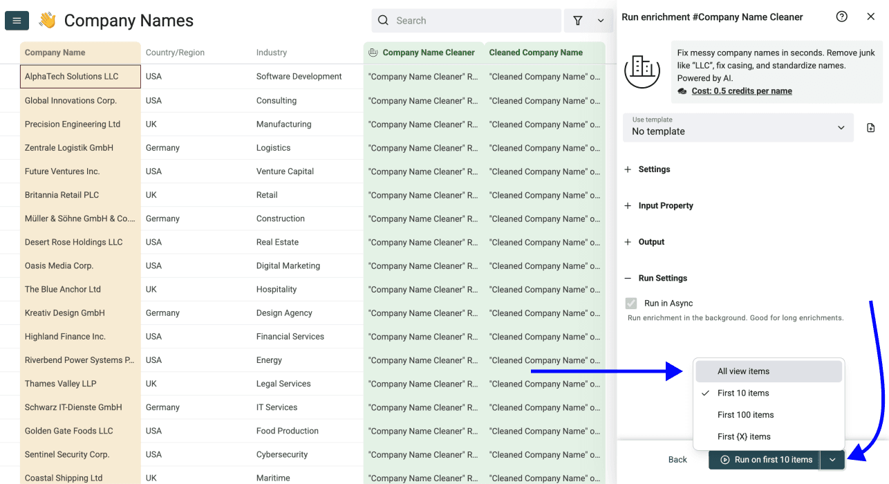 How To Normalize Company Names For Cold Outreach - Run Settings Dropdown