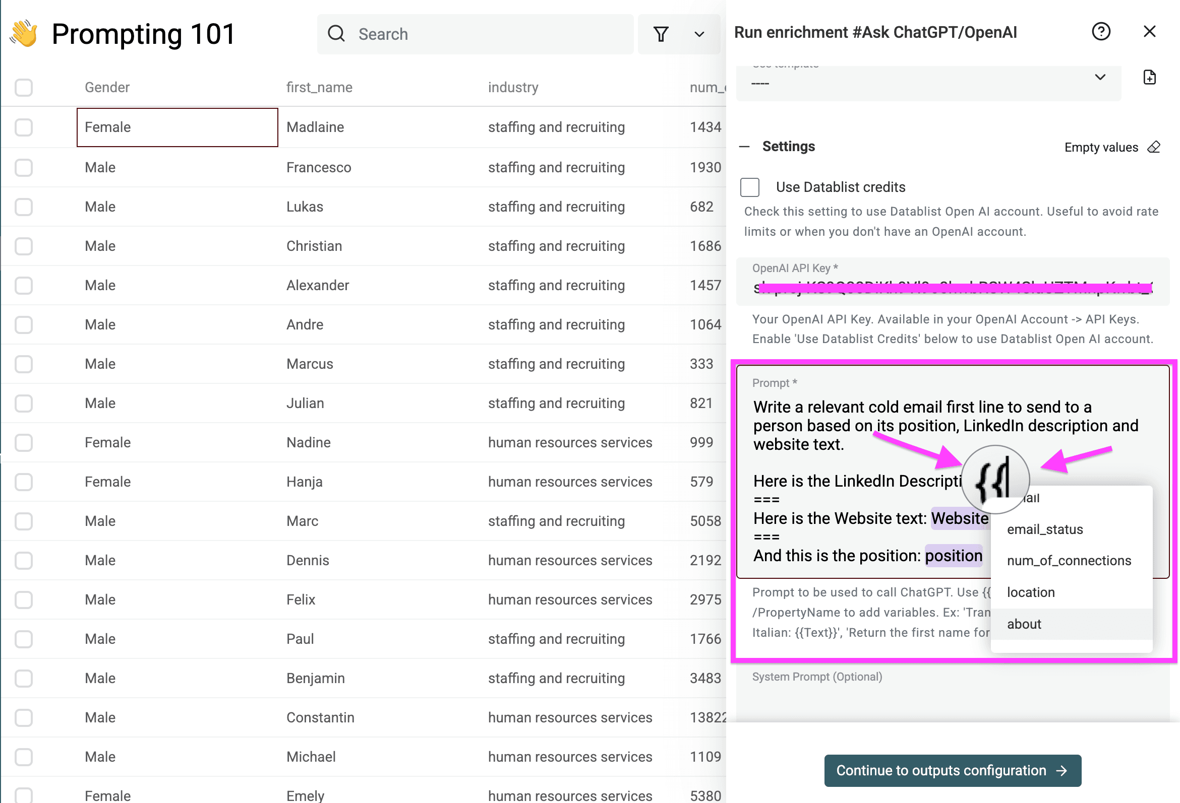Insertar placeholders en Datablist.com)