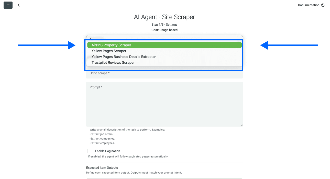 AirBnB Scraper, template selection
