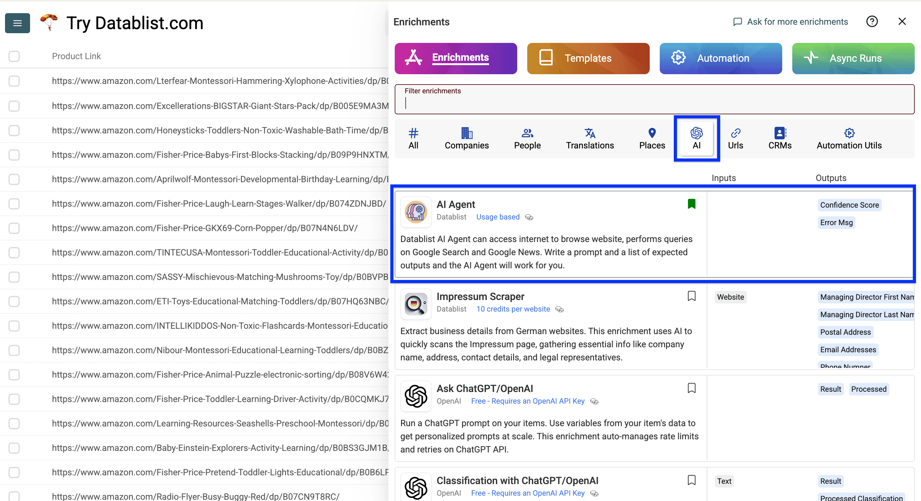Datablist AI enrichment listing, AI Agent