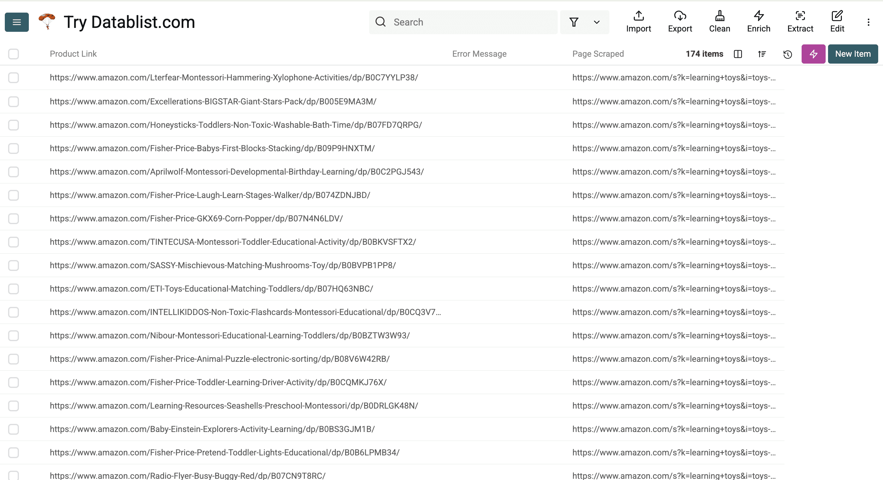 Datablist collection with scraped Amazon search results